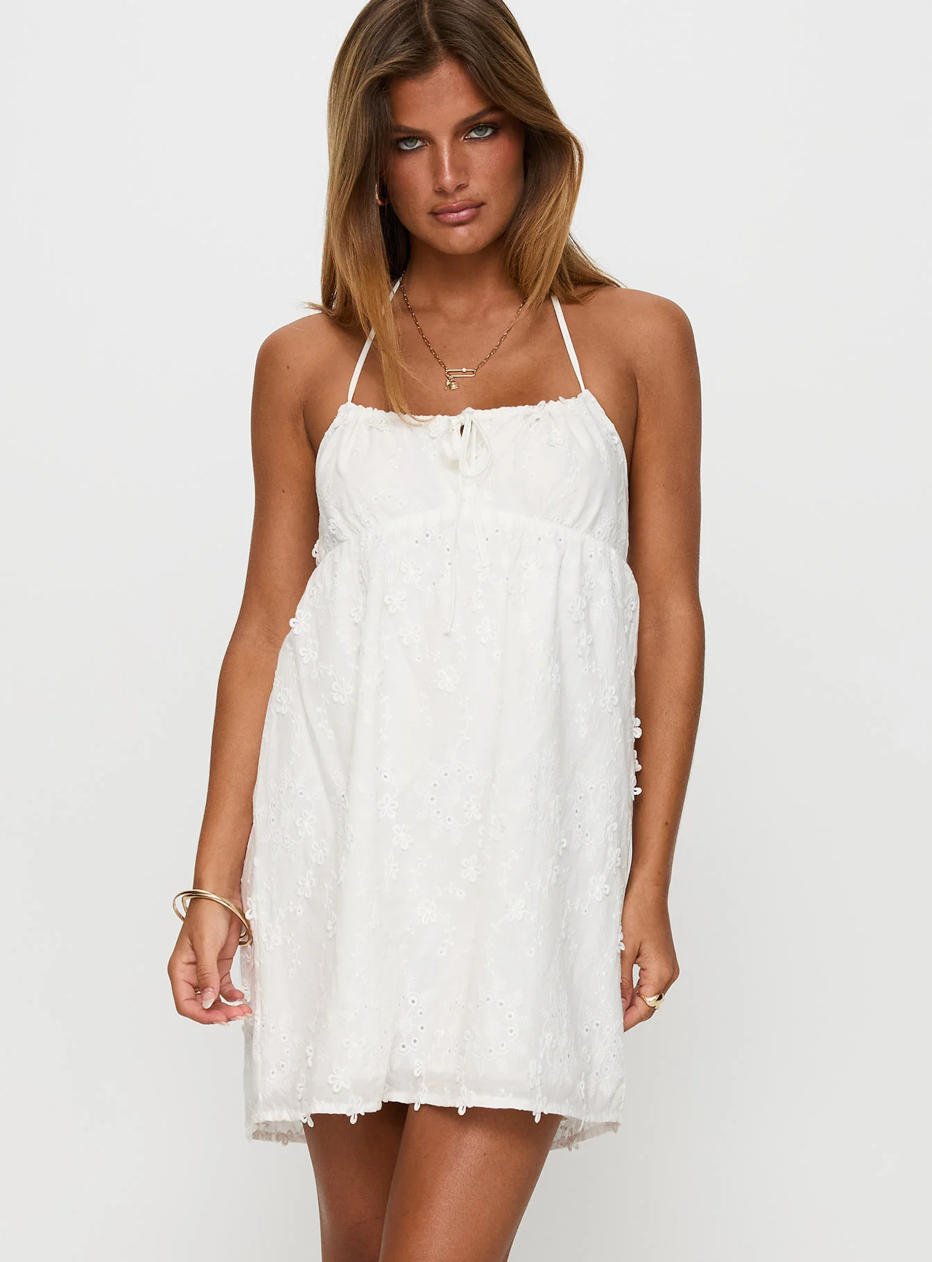 Daisy Chains Broderie Halter Mini Dress White