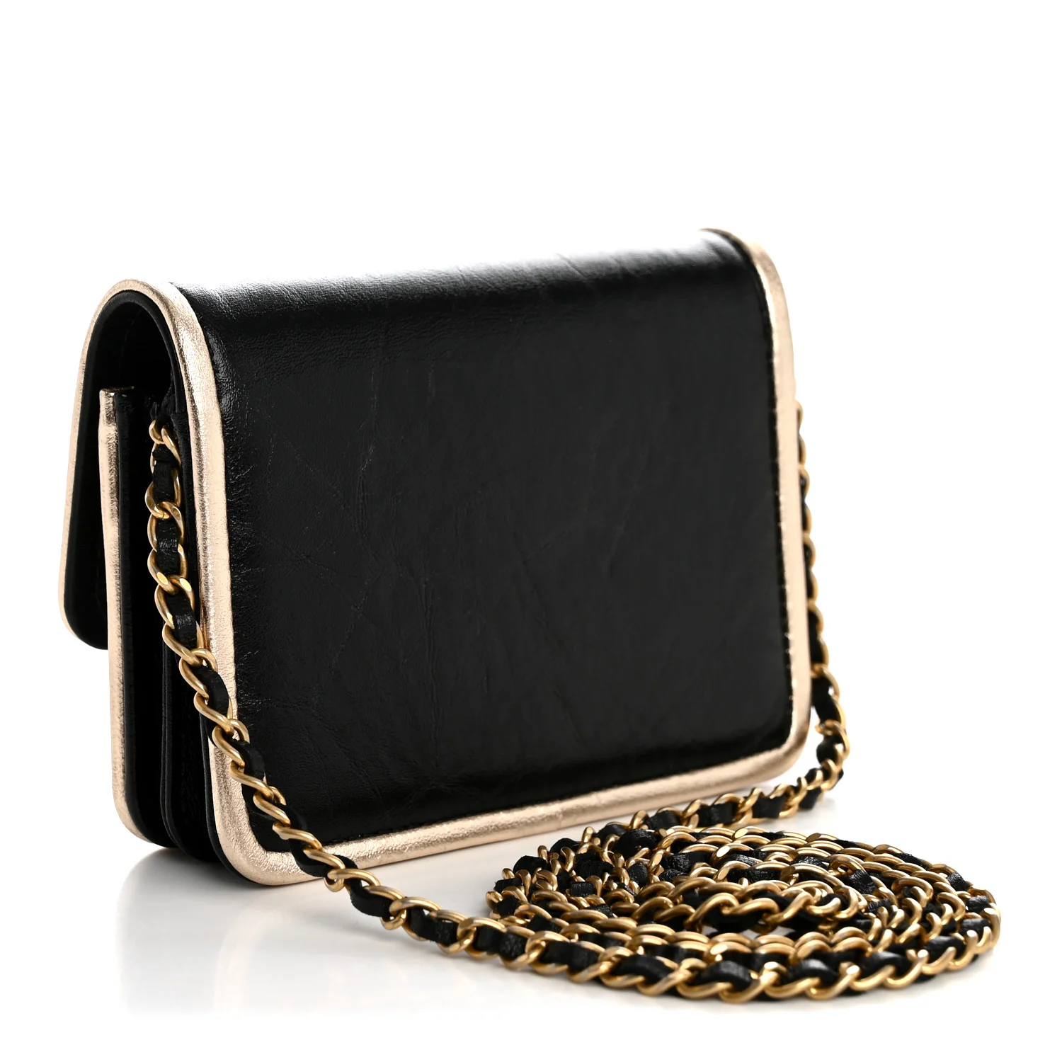 Metallic Calfskin Clutch With Chain Black Gold - Top Club