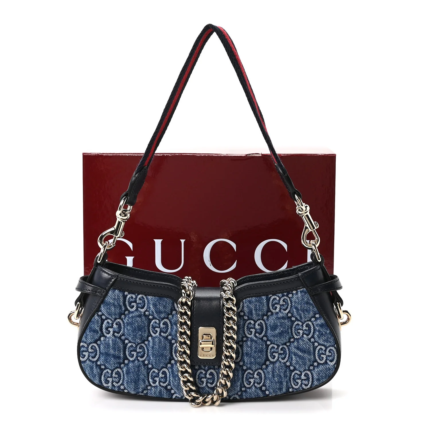 Denim GG Monogram Mini Moon Side Shoulder Bag Blue - Top Club