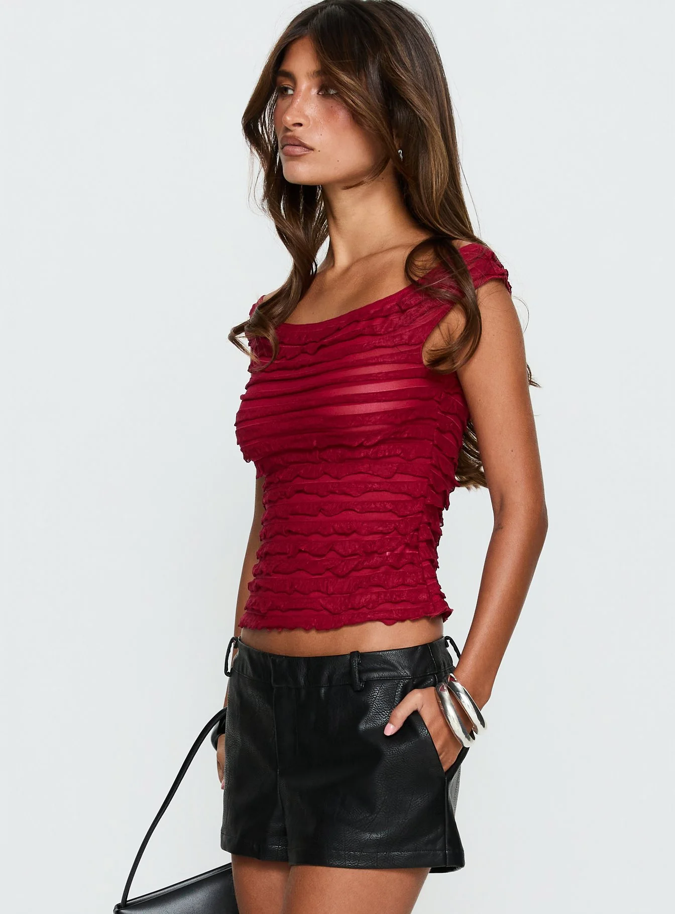 Lylah Frill Detail Top Burgundy