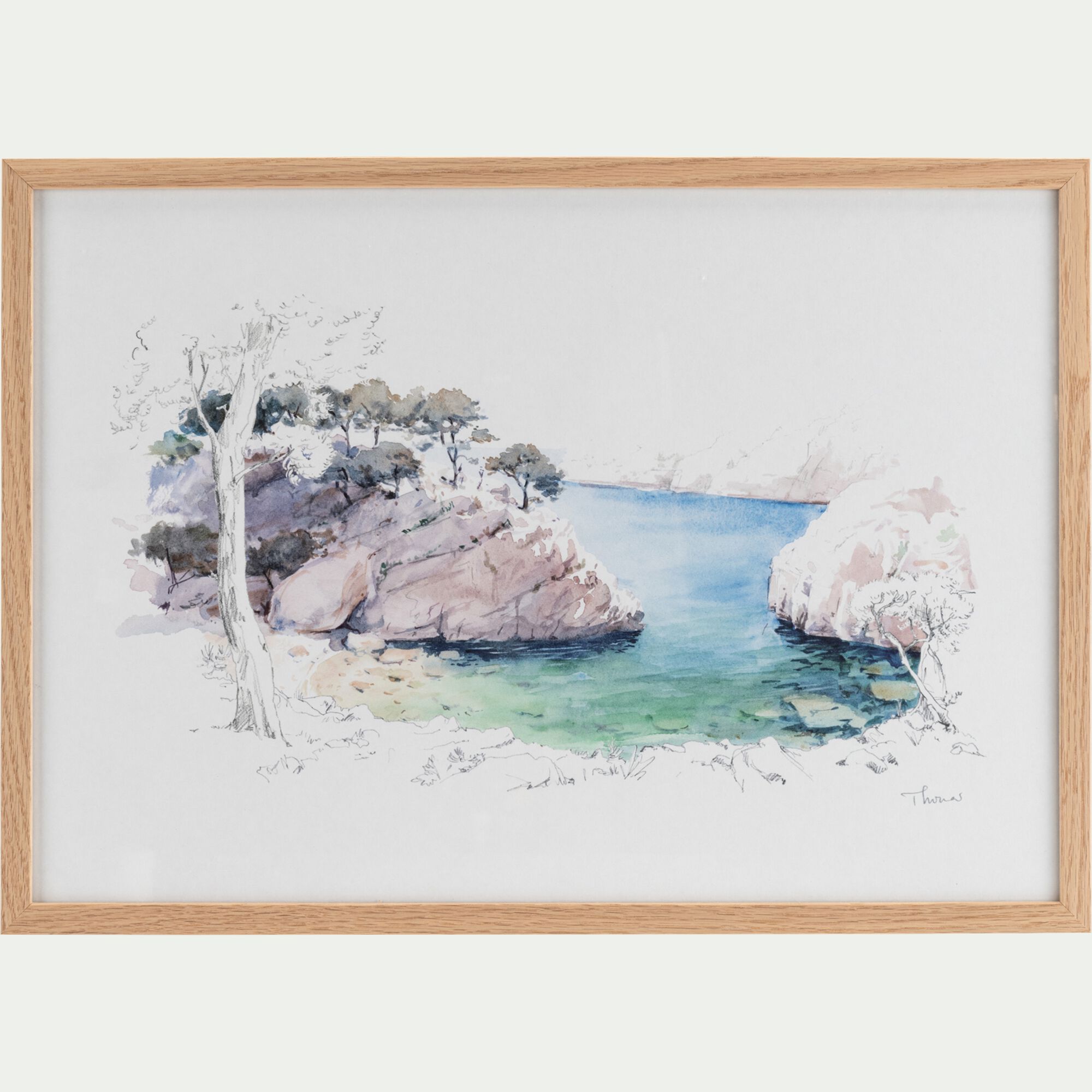 KALANCA - Aquarelle encadrée crique 38x53cm - bleu