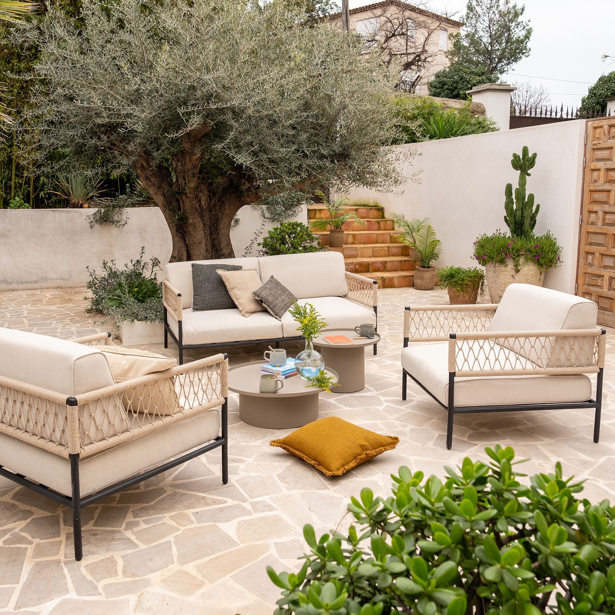 MIMET - Fauteuil de jardin en acier et corde - beige