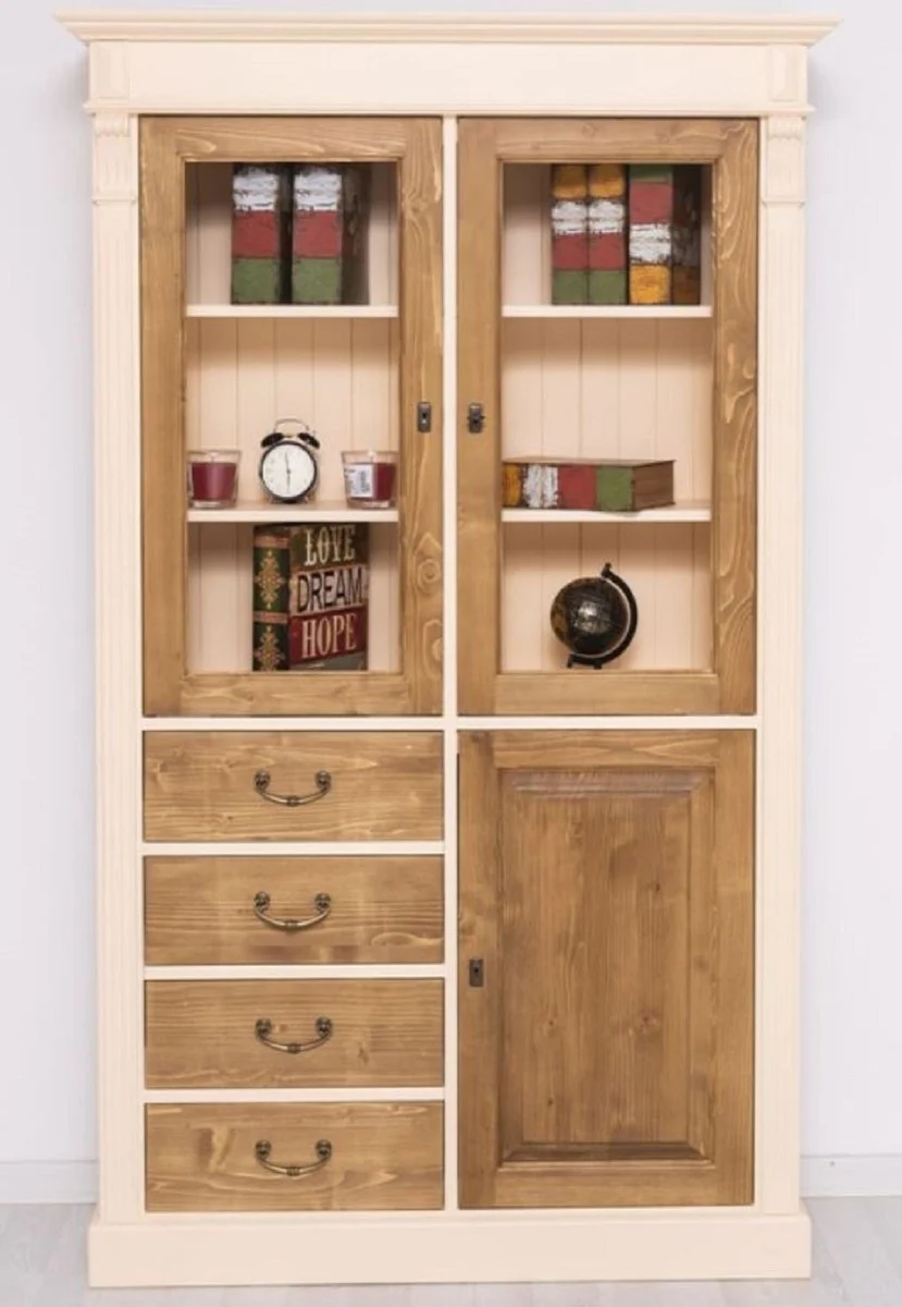 Country house style cabinet cream / brown 120 x 39 x H. 197 cm - country house style dining room cabinet - country house style display cabinet - solid wood furniture - country house style furniture