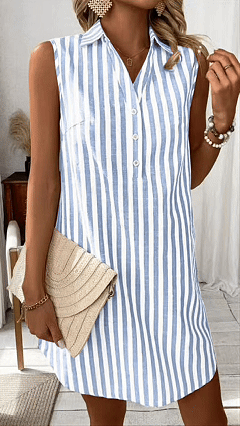 Women's minimalist sleeveless V-neck button-down striped shirt dress - Nordfashionstorm - Women's Clothing, Fashion for You - Nordfashionstorm.com