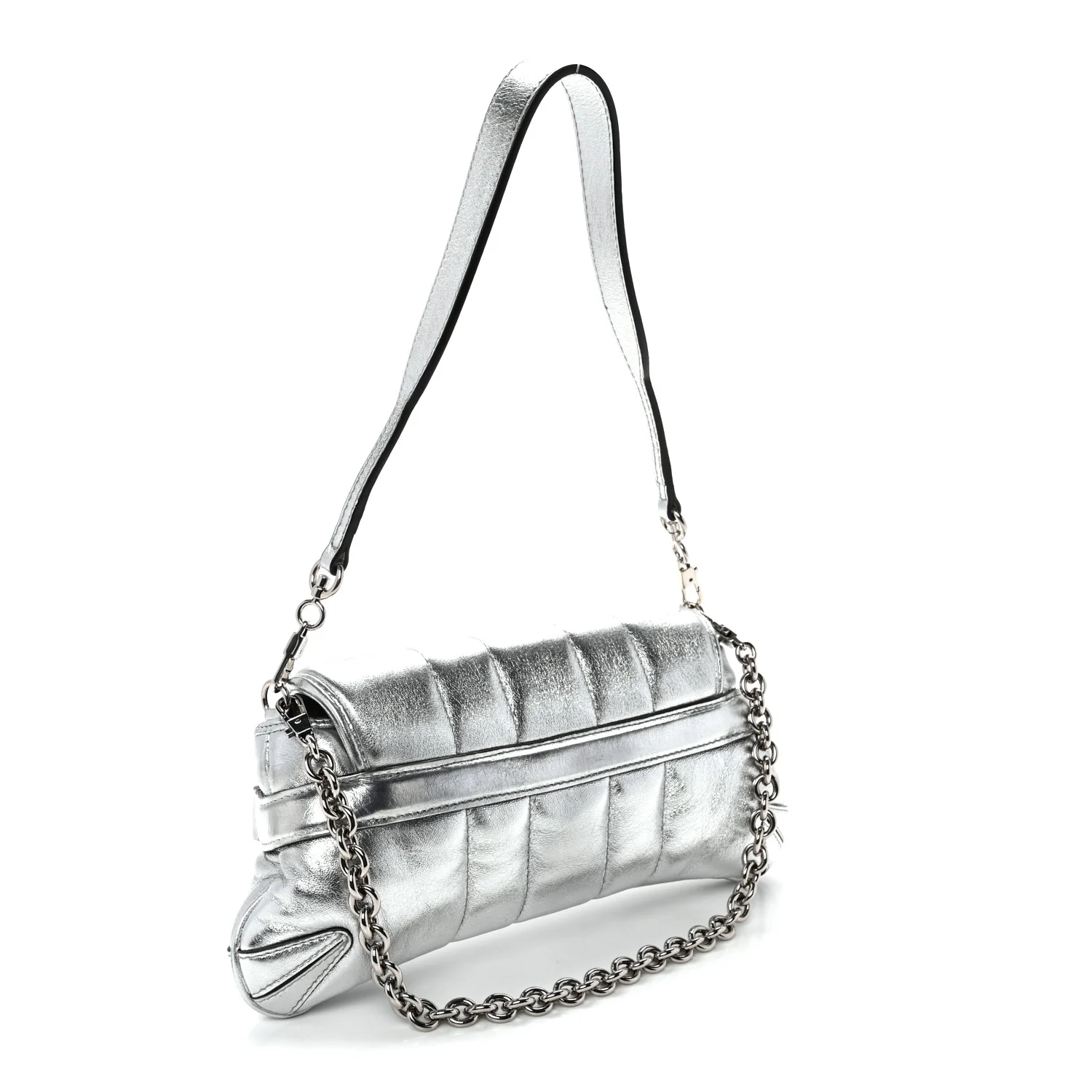 Metallic Nappa Vertical Matelasse Small Maxi Horsebit Chain Shoulder Bag Silver - Top Club