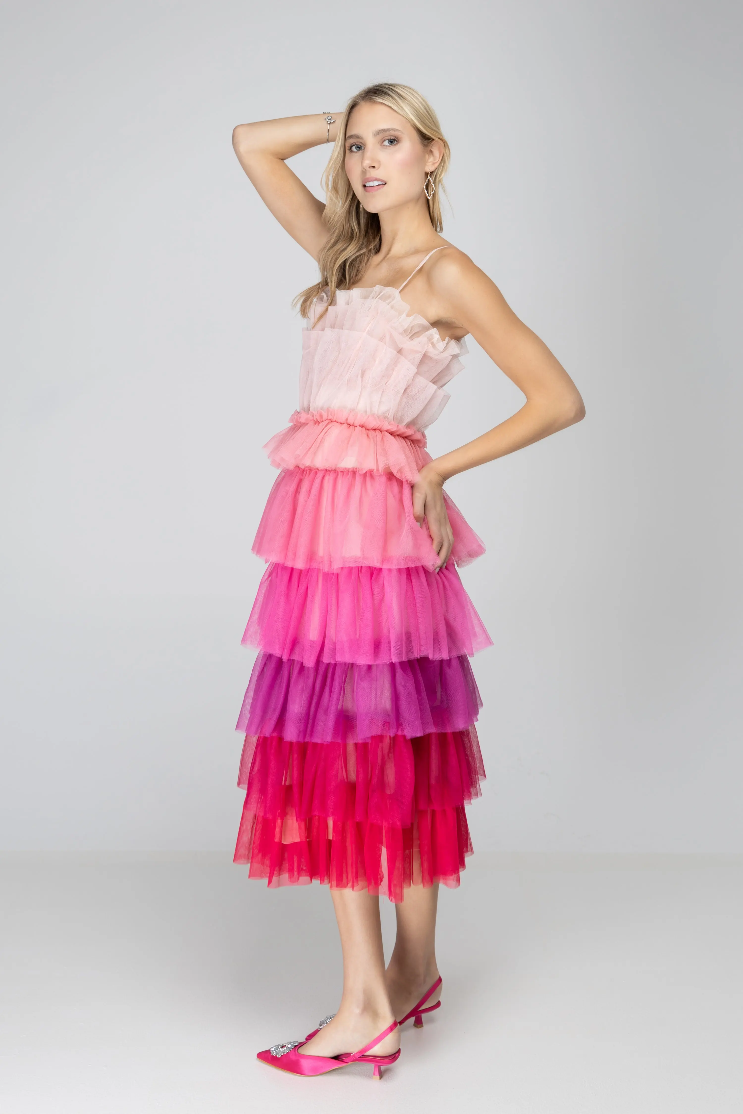 Pink Ombre Tulle Midi Dress - ALJEGJ