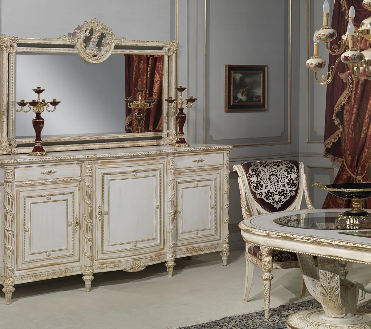 Luxury Baroque Dining Table White / Gold - Various Sizes - Magnificent Oval Solid Wood Dining Room Table with Glass Tops - Hotel Restaurant Castle Furniture - Luxury Quality - Made in Italy