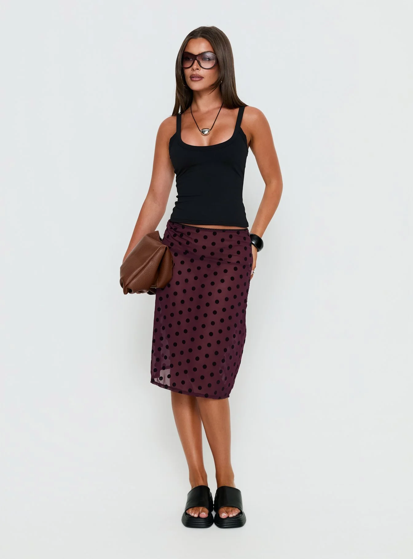 Evani Sheer Chiffon Midi Skirt Polka Maroon