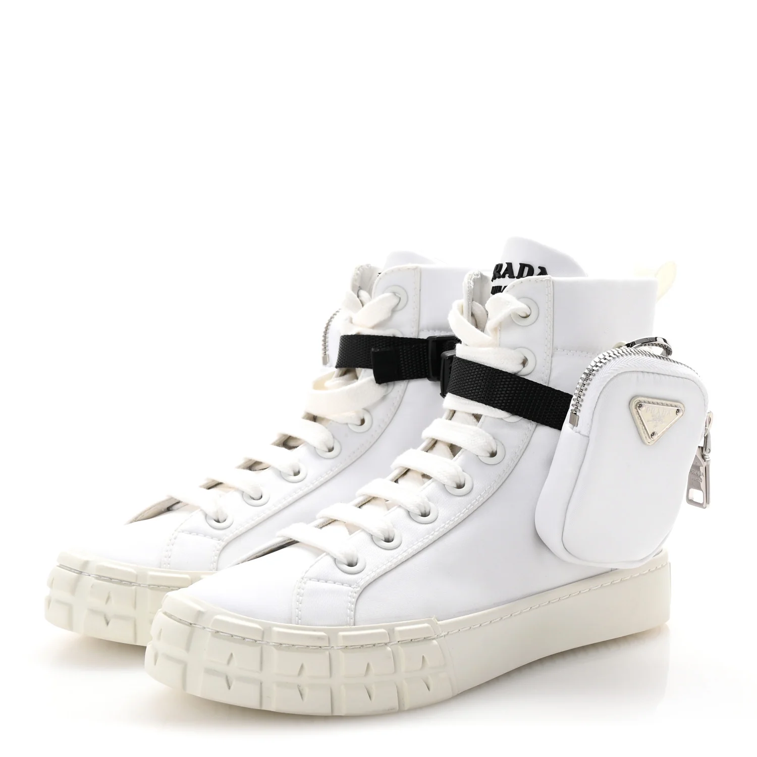 Re-Nylon Gabardine Metal Triangle Logo Wheel Pouch Pocket High Top Sneakers 36 White - Top Club