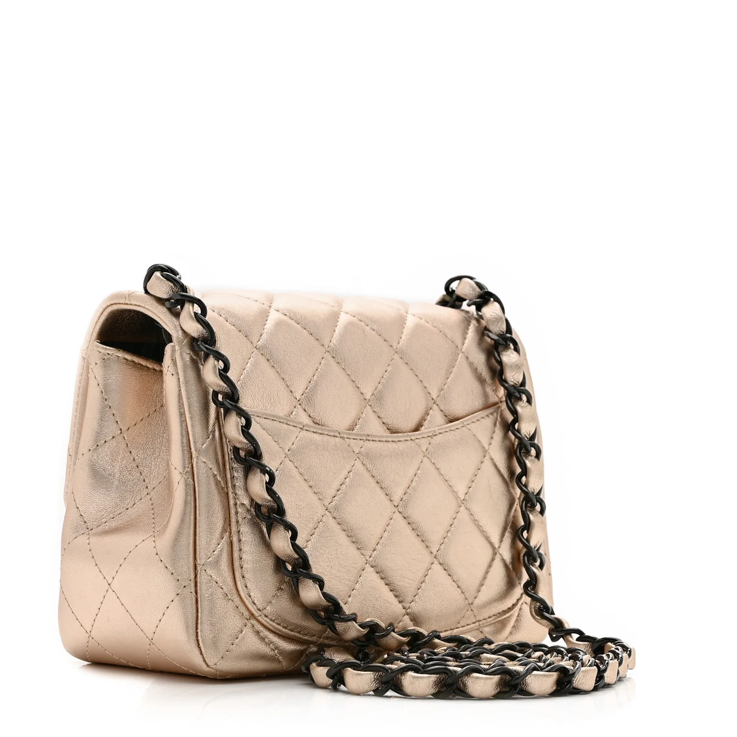 Metallic Lambskin Quilted Mini Square Flap Gold Black - Top Club