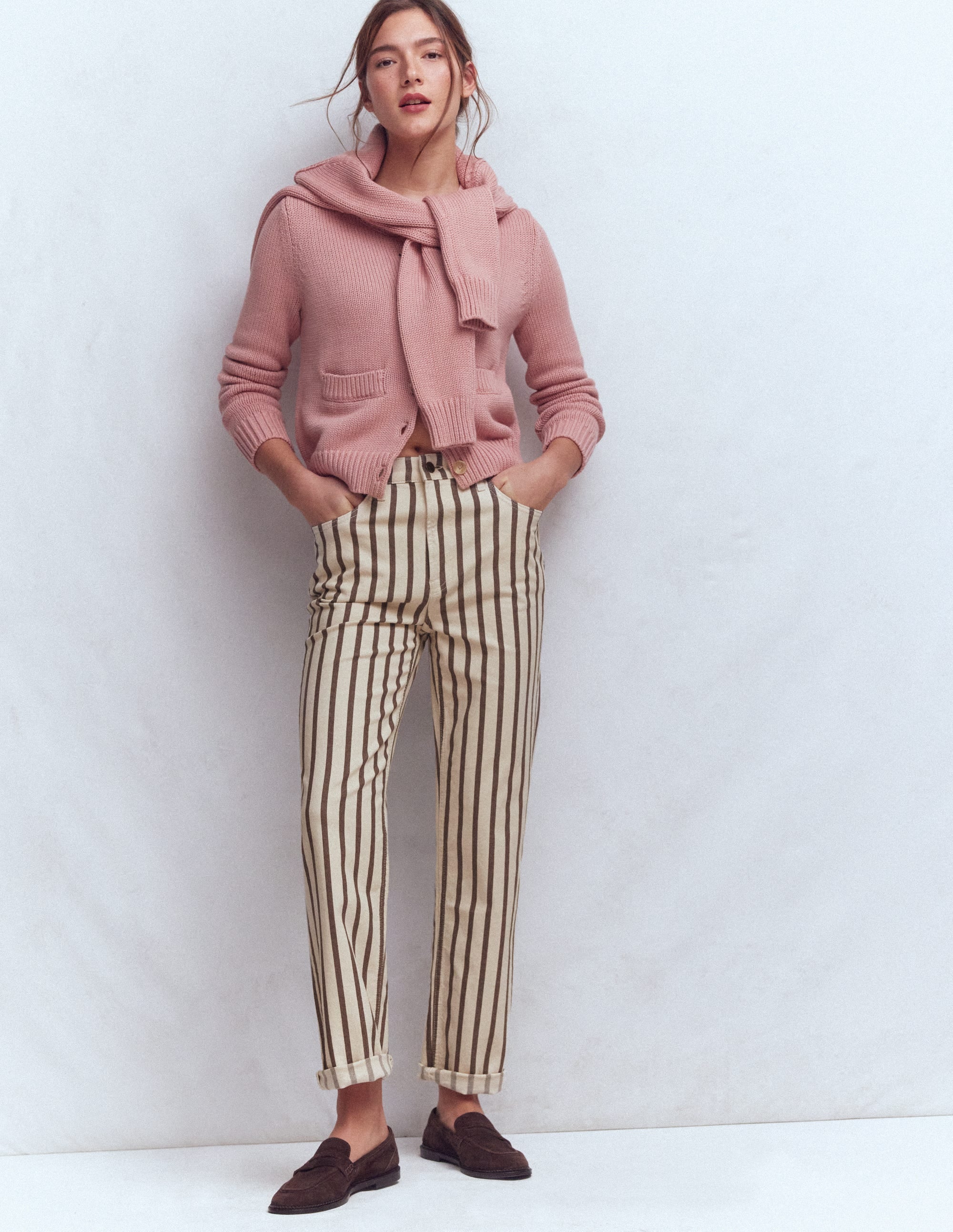 Jeans mit hohem Bund und geradem Bein-Braun Beige Streifen