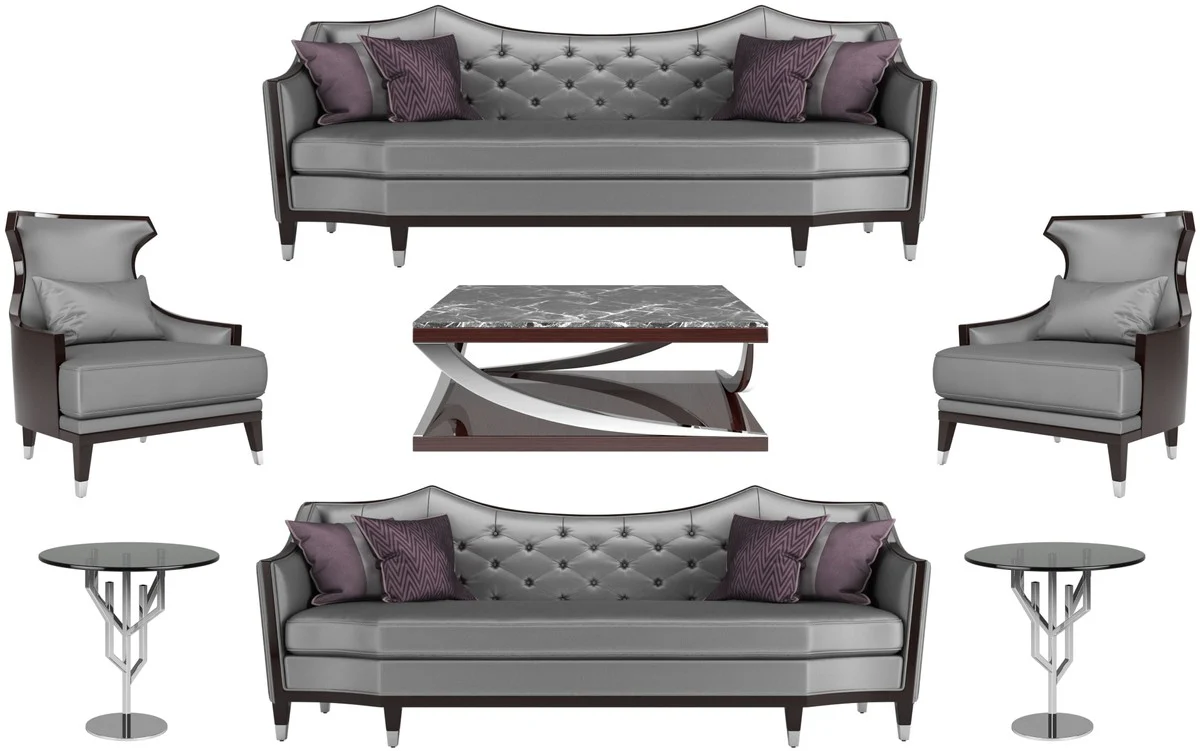 Luxury living room set silver / black / dark brown - 2 sofas & 2 armchairs & 1 coffee table & 2 side tables - luxury living room furniture