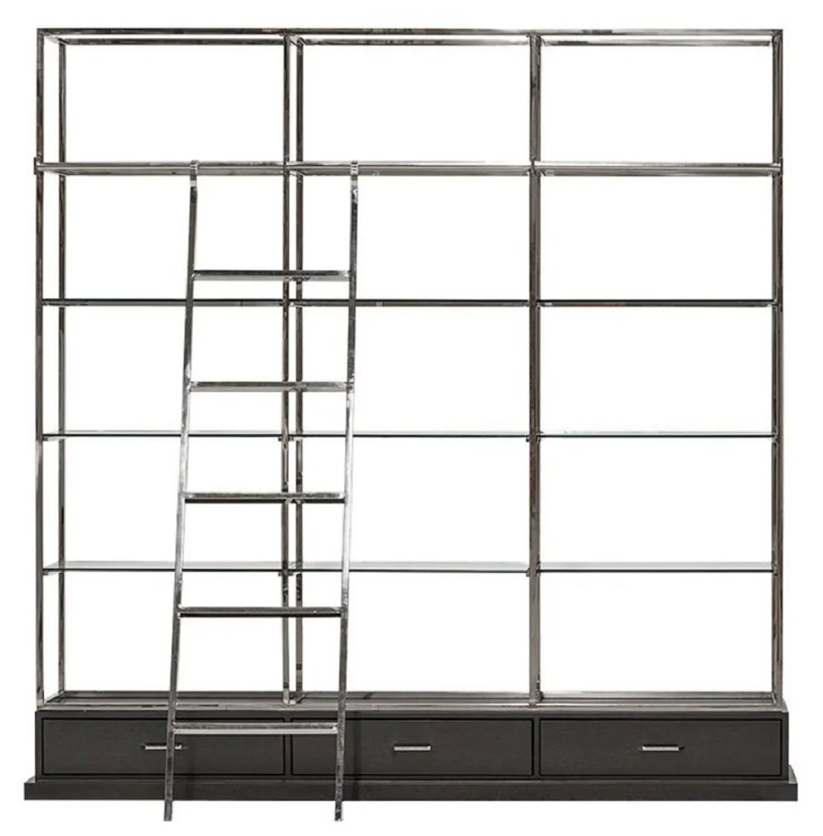 Shelf cabinet with ladder silver / black 220 x 45 x H. 240 cm - bookcase - living room cabinet - office cabinet - living room furniture - office furniture - luxury furniture