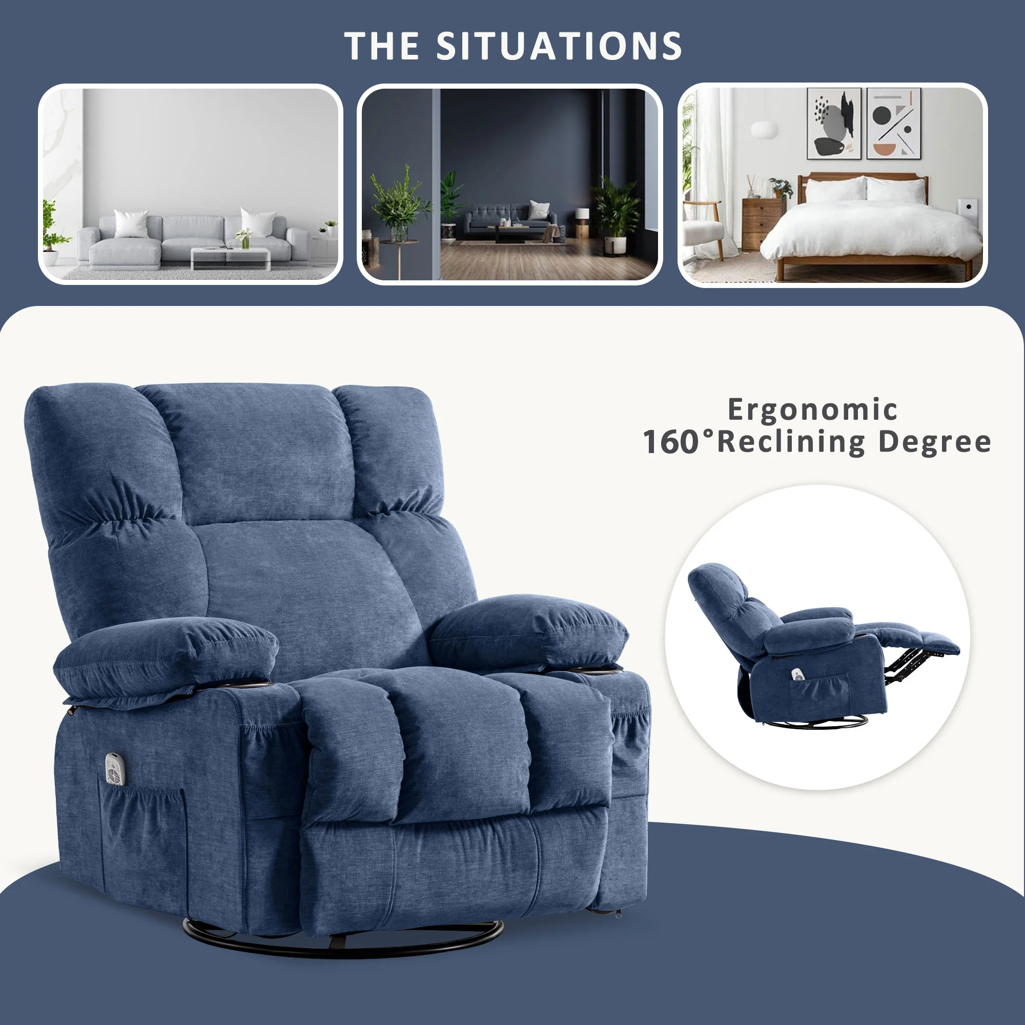 JONPONY Manual Recliner Chair with Heat Therapy and Massage Function, Heavy Duty Reclining Mechanism Massage Chair, Elderly Single Rocker Sofa with Cup Holders for Bedroom Home Theater, Grey