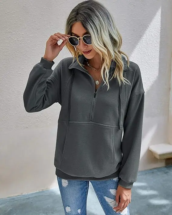 PrettyGarden Women's Casual Long Sleeve Lapel Zipper Sweatshirt Drawstring Loose Pullover Tops Fall Sweater-Womenswear Cotton Fabric