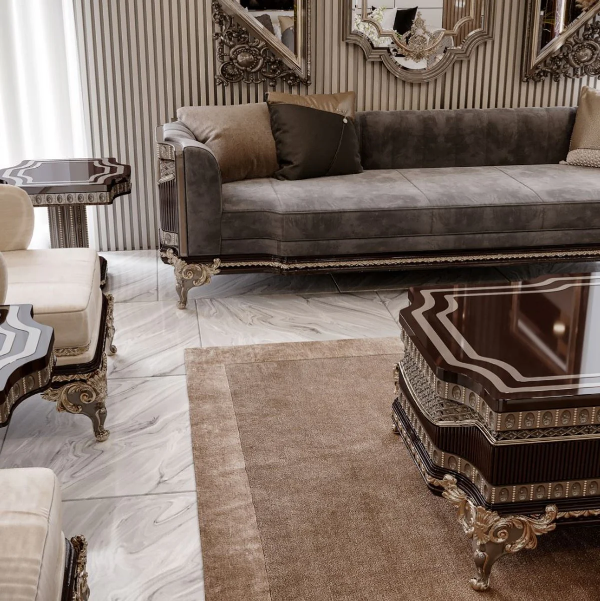 Luxury baroque coffee table dark brown / gray / gold 156 cm