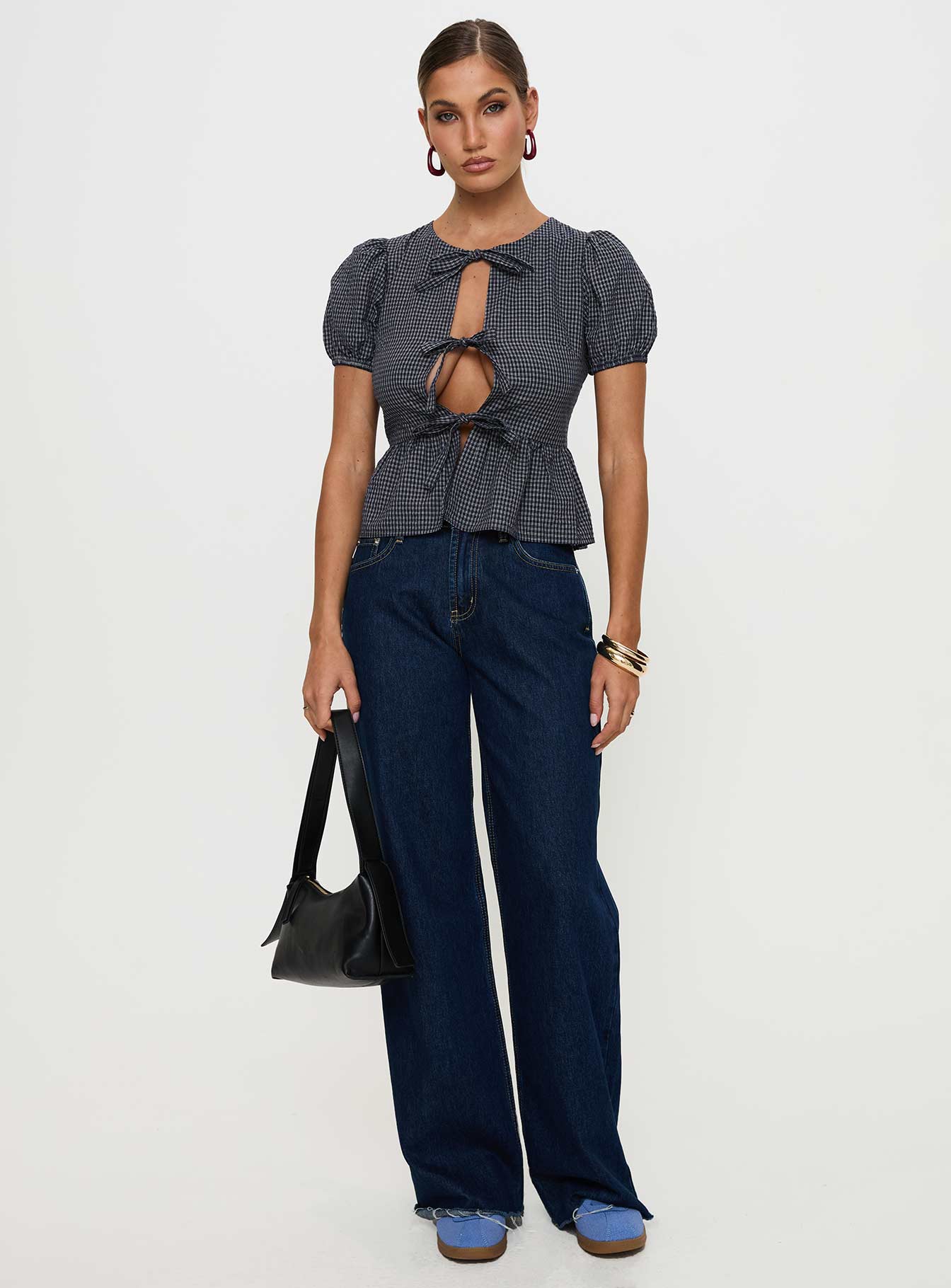 Verah Tie Up Puff Sleeve Top Navy Check