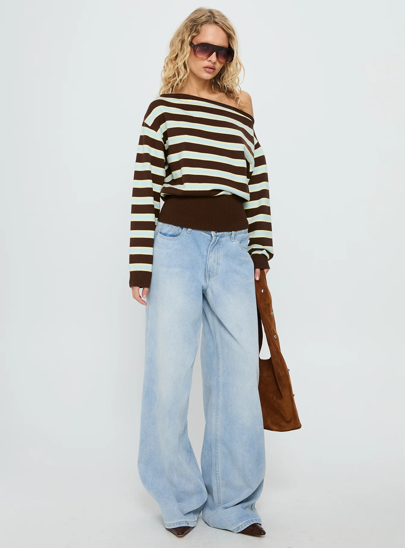 Zinia Off Shoulder Knit Sweater Brown / Blue Stripe