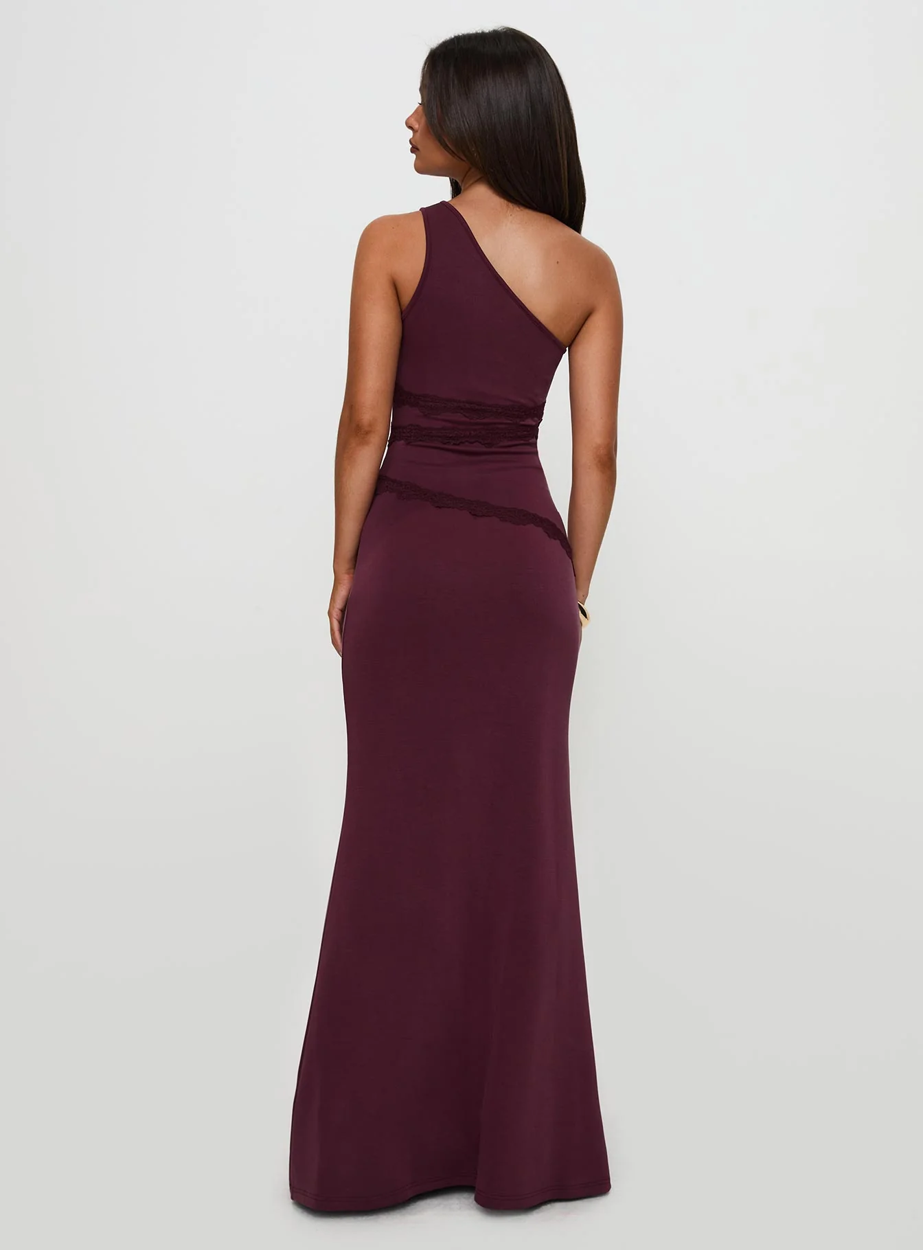 Ultraviolet One Shoulder Lace Maxi Dress Wine