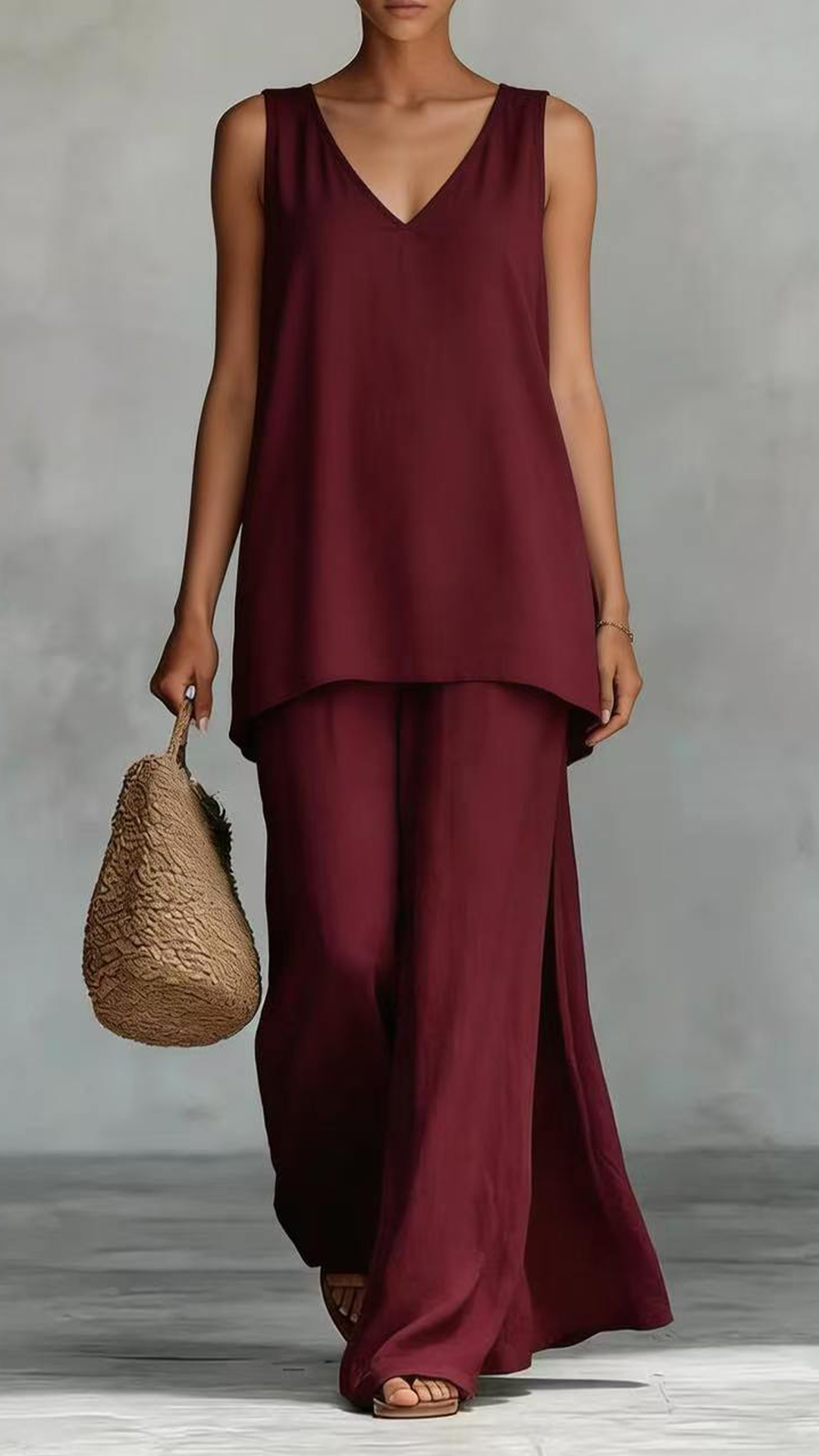 Women's Casual Vacation Style - Cotton-Blend Textured Sleeveless Top and Wide-Leg Pants Set - Nordfashionstorm - Women's Clothing, Fashion for You - Nordfashionstorm.com