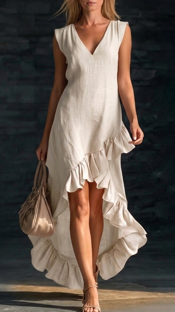 Women's Sleeveless V-Neck Cotton-Linen Maxi Dress with Ruffled Hem - Nordfashionstorm - Women's Clothing, Fashion for You - Nordfashionstorm.com