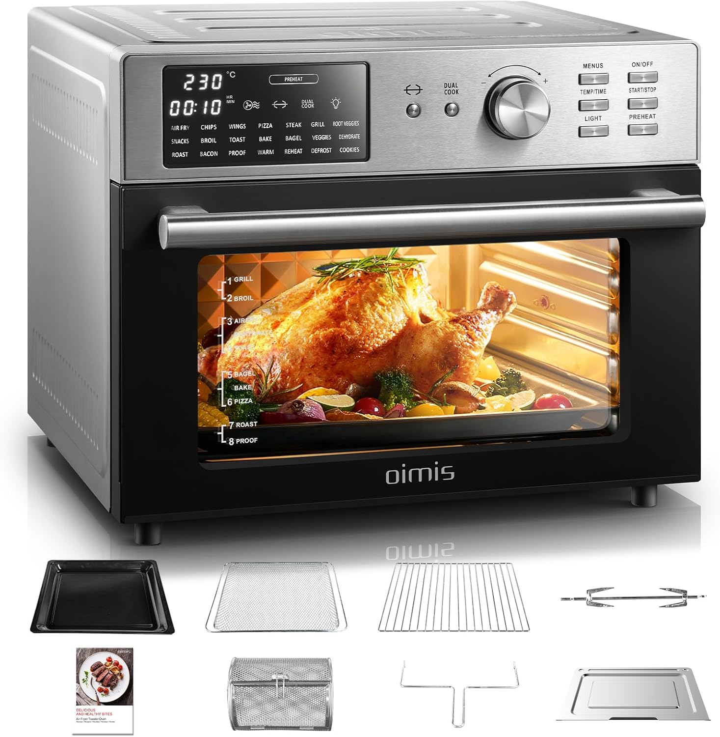 OIMIS Friggitrice ad Aria Calda, Forno multifunzione ad aria 30L, 21 in 1 Forno Elettrico Airfryer timer e temperatura regolabili con 7 accessori Fornetto senza olio certificazione CE, Argento 1800w
