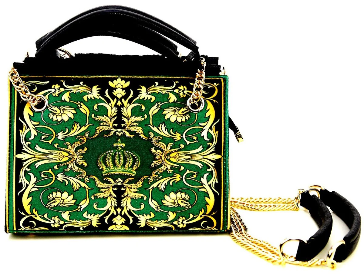 Pompöös by Luxus women's handbag Baroque Flowers with crown and rhinestones green / black / gold 25 x H. 20 cm - designed by Harald Glööckler