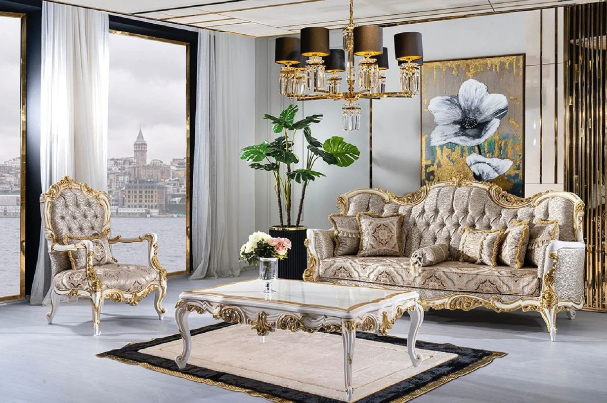 Luxury baroque coffee table white / beige / gold - magnificent living room table in baroque style - baroque style living room furniture - baroque furniture - baroque furnishings - luxury furniture in baroque style