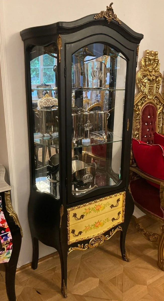 Baroque display cabinet black / multicolored / gold / brass - handmade solid wood display cabinet with glass door and 2 drawers - baroque furniture