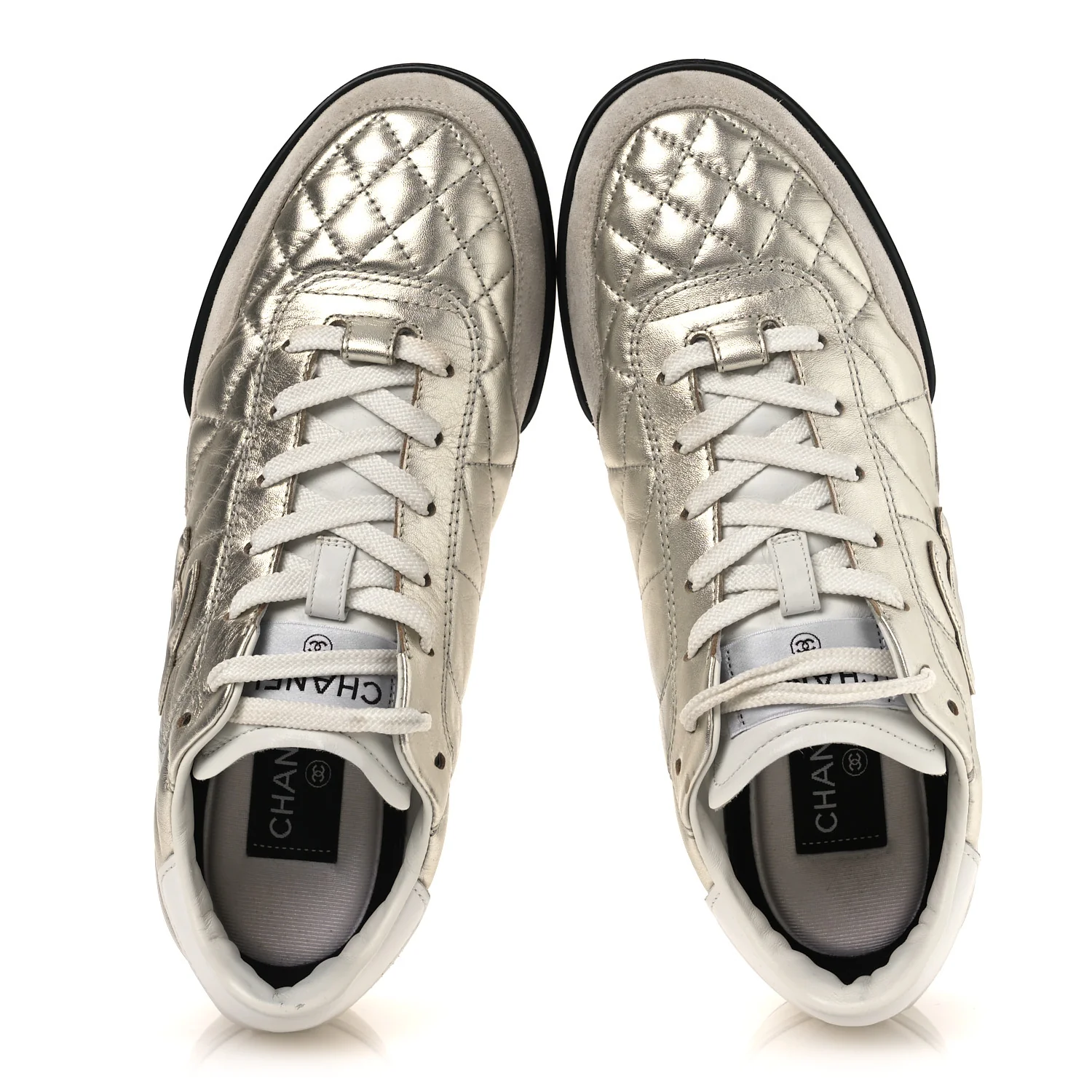 Laminated Calfskin Suede Quilted Womens CC Sneakers 39 Silver White
