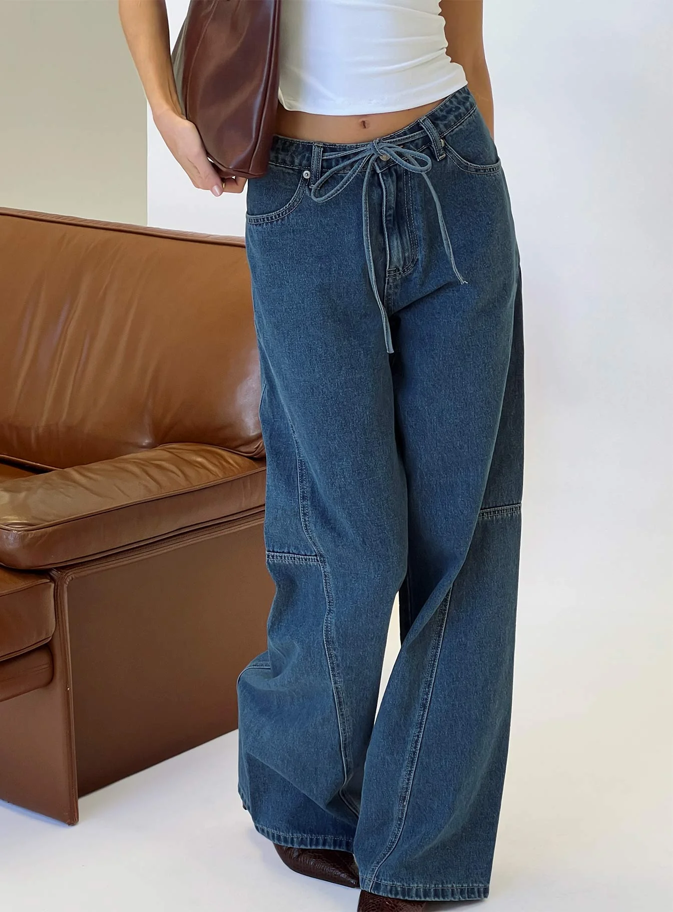 Bruiser Tie Waist Mid Rise Wide Leg Jeans Mid Blue Wash