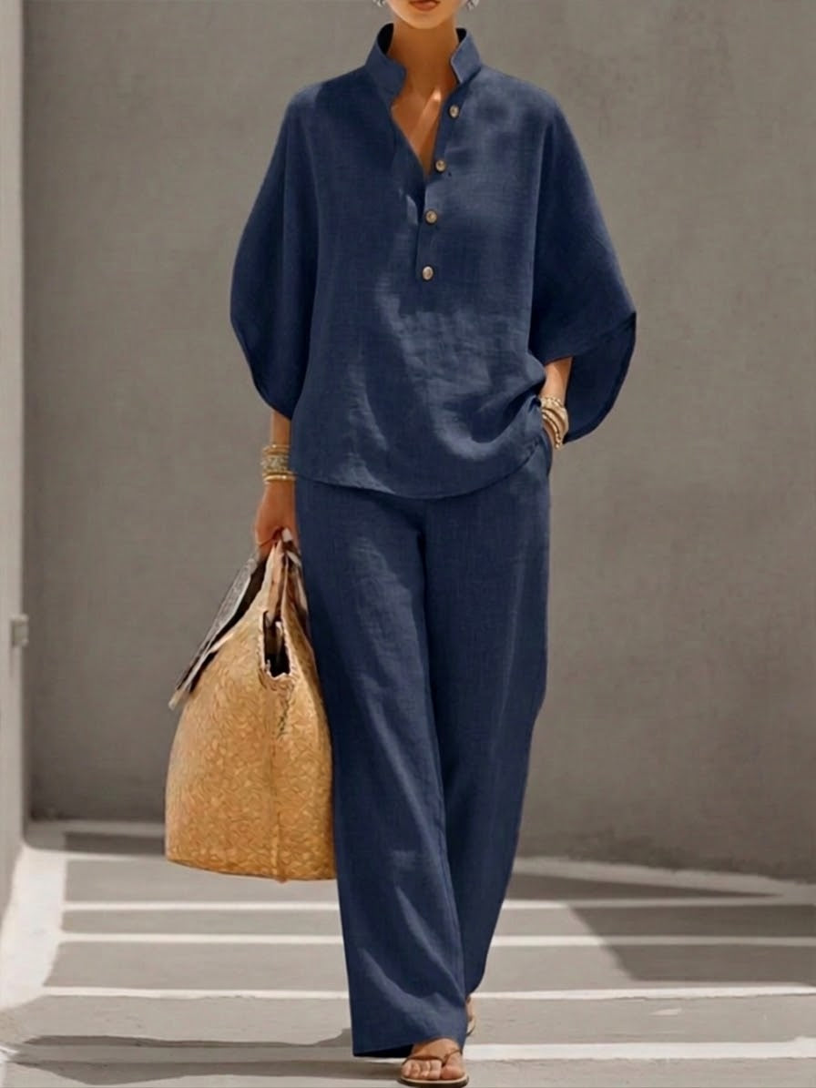 Plus Size Friendly Women’s Batwing Sleeve Linen Cotton Two-Piece Set – Casual Shirt & Wide Leg Pants Outfit - Nordfashionstorm - Women's Clothing, Fashion for You - Nordfashionstorm.com