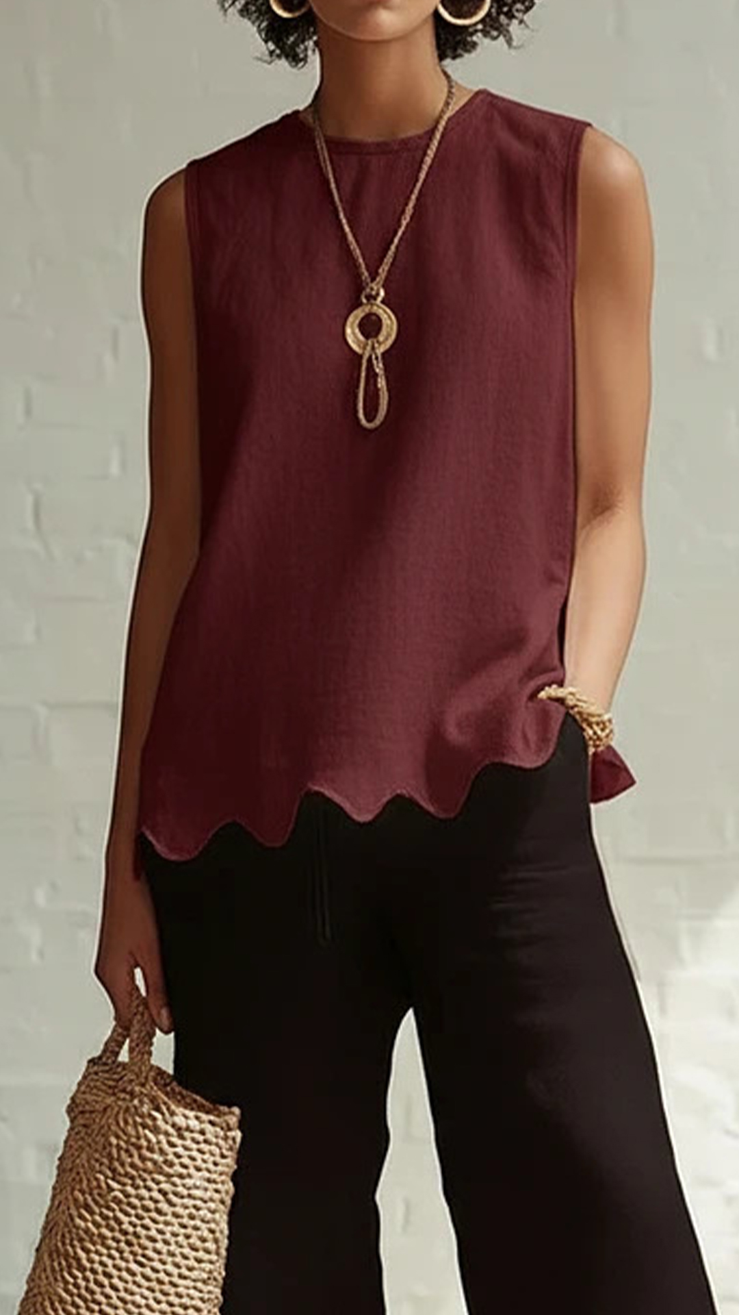 Women's Cotton‑blend Crew‑neck Sleeveless Scalloped‑hem Waist‑cinched Top - Nordfashionstorm - Women's Clothing, Fashion for You - Nordfashionstorm.com