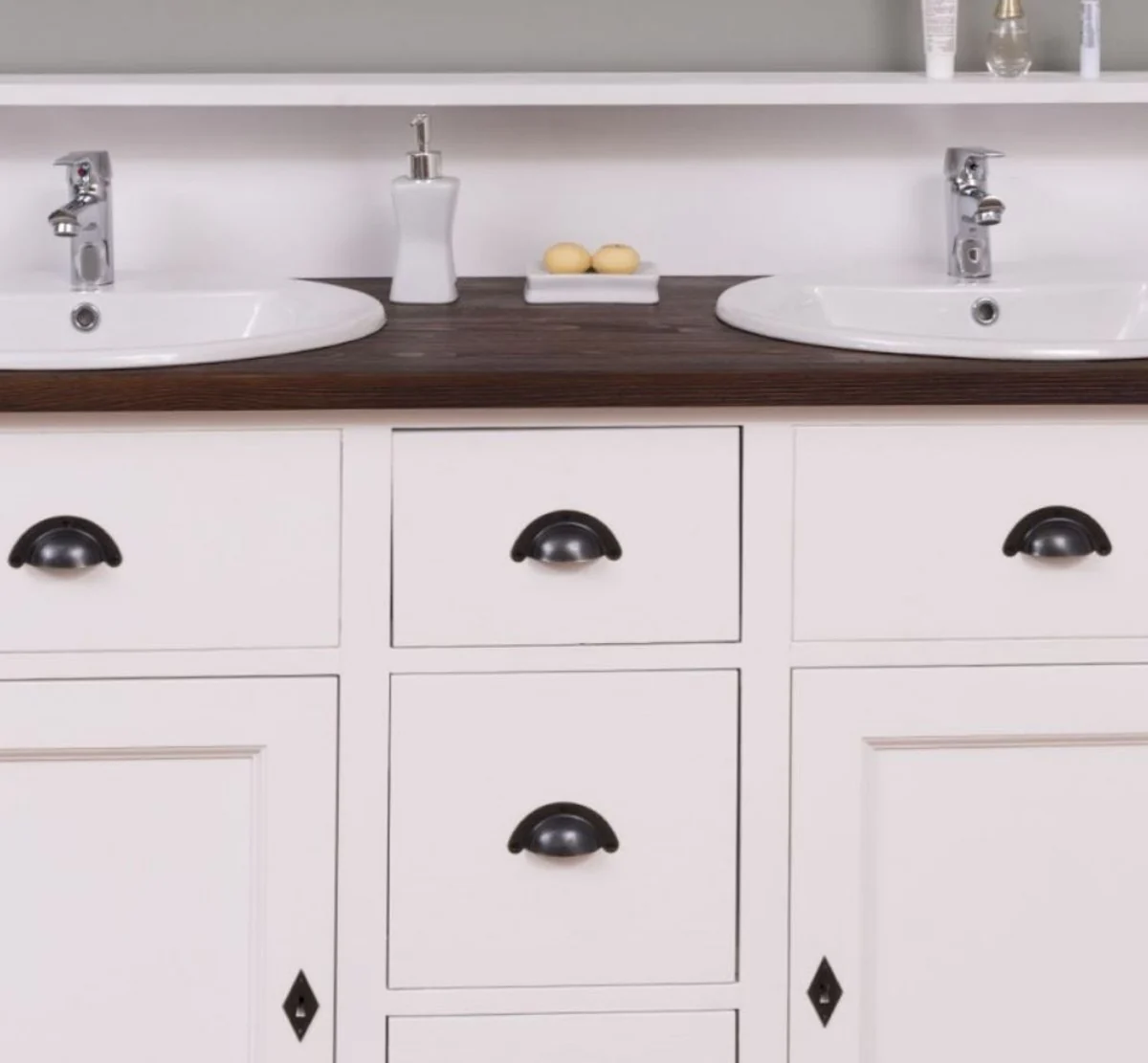 Country house style double washbasin white / dark brown 147 x 51 x H. 110 cm - solid wood washbasin cabinet - bathroom furniture in country house style