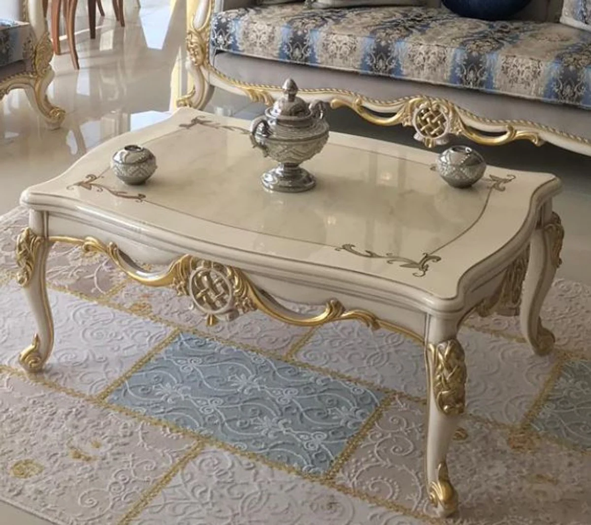 Luxury Baroque Living Room Set Gray / Blue / White / Gold - 2 Sofas & 2 Armchairs & 1 Coffee Table - Living Room Furniture in Baroque Style - Noble & Magnificent