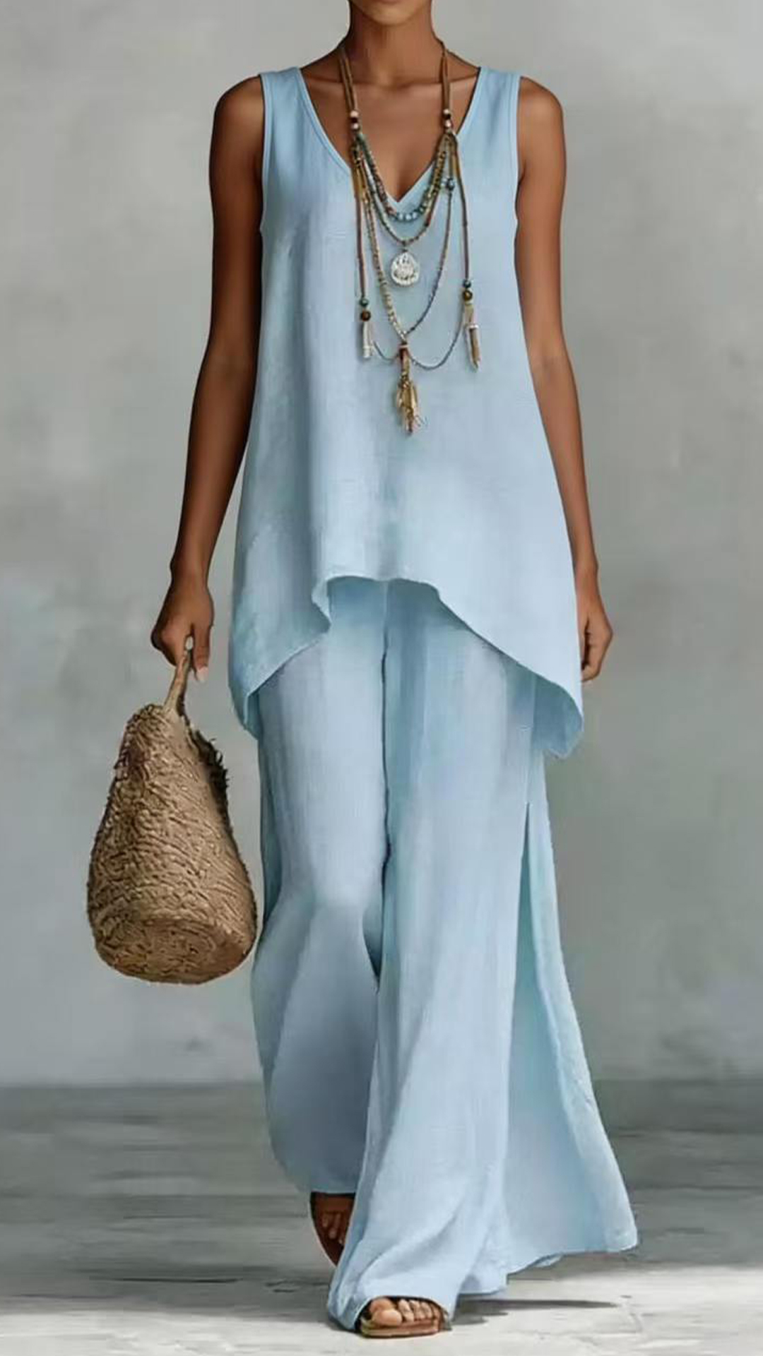 Women's Casual Vacation Style - Cotton-Blend Textured Sleeveless Top and Wide-Leg Pants Set - Nordfashionstorm - Women's Clothing, Fashion for You - Nordfashionstorm.com