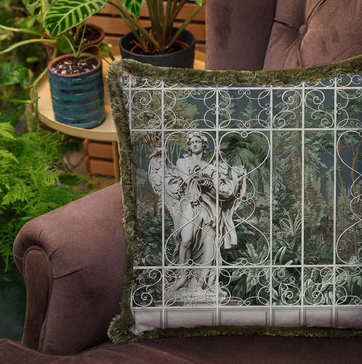 Luxury Baroque decorative cushion sculpture gray / brown / green 45 x 45 cm - Printed velvet cushion with fringes - Luxury Baroque decorative accessories