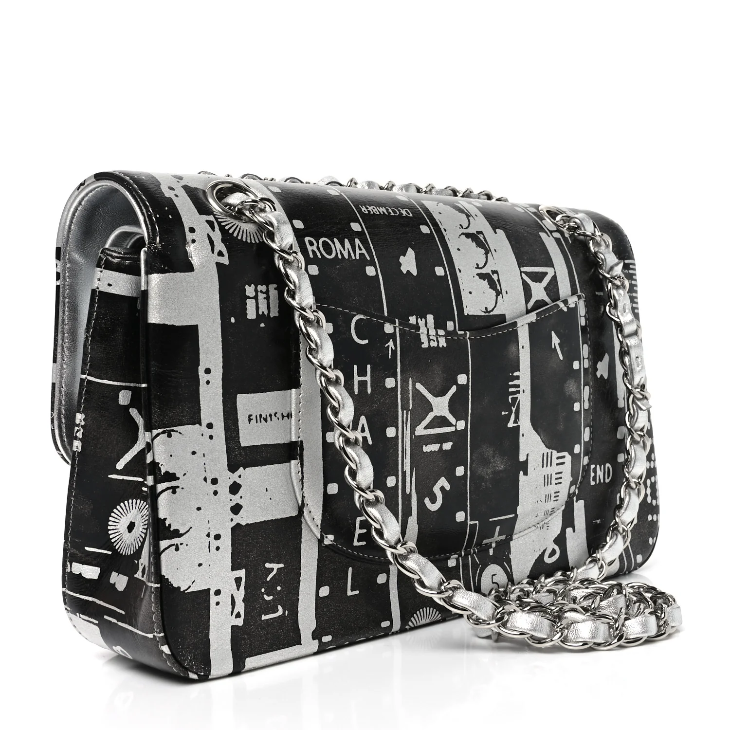Lambskin Graffiti Printed Medium Double Flap Black Silver