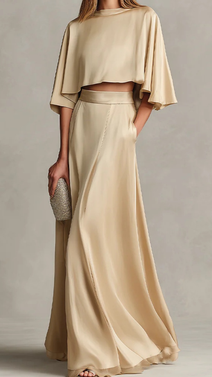 Women's Two-Piece Satin Maxi Dress Set with Shawl Sleeves - Nordfashionstorm - Women's Clothing, Fashion for You - Nordfashionstorm.com