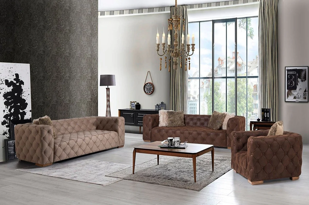 Luxury Chesterfield armchair brown / light brown 125 x 95 x H. 81 cm - Modern Chesterfield living room armchair - Luxury Chesterfield living room furniture