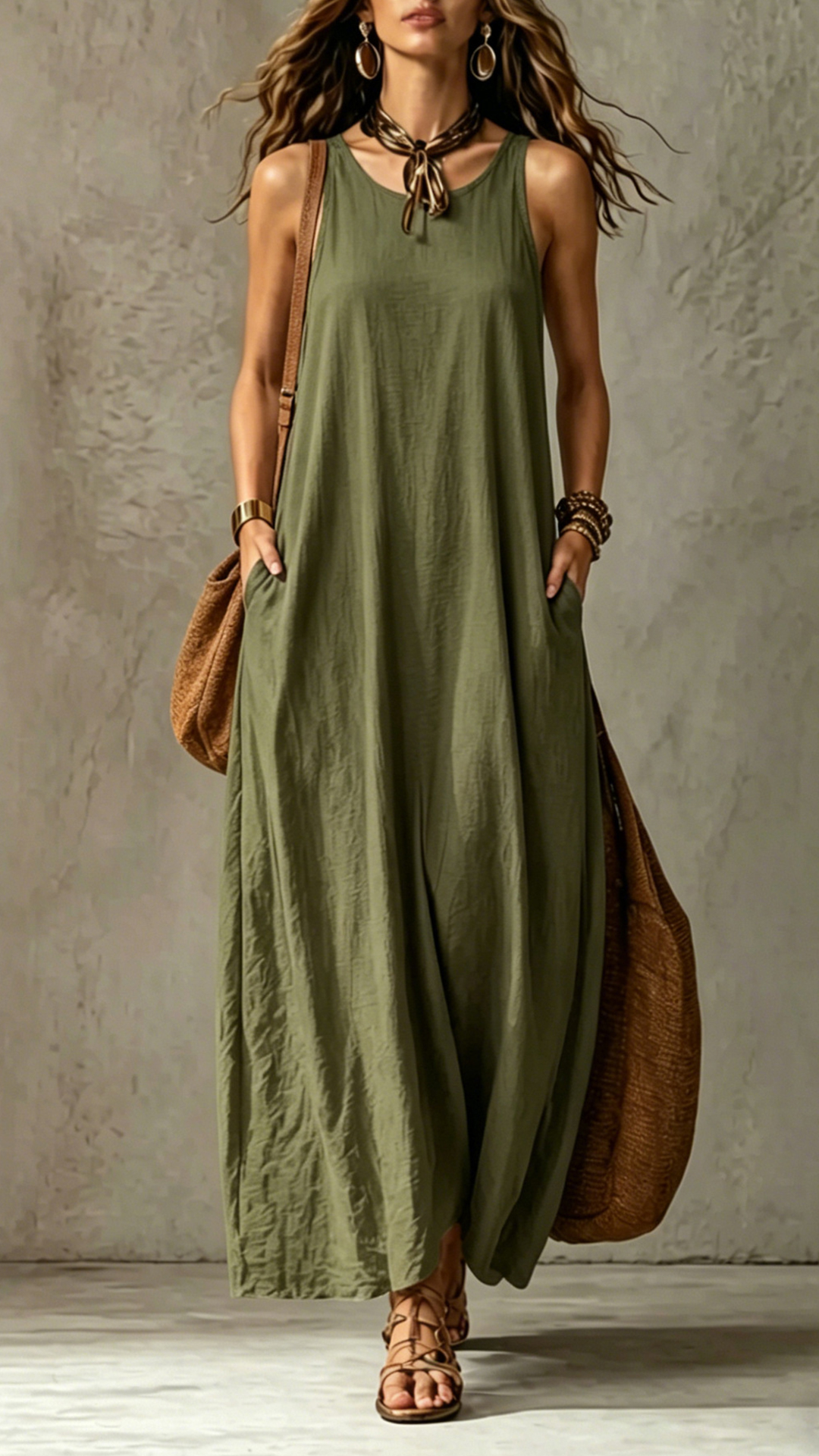 Women's Cotton‑blend Round‑neck Sleeveless Loose Draping Maxi Dress - Nordfashionstorm - Women's Clothing, Fashion for You - Nordfashionstorm.com