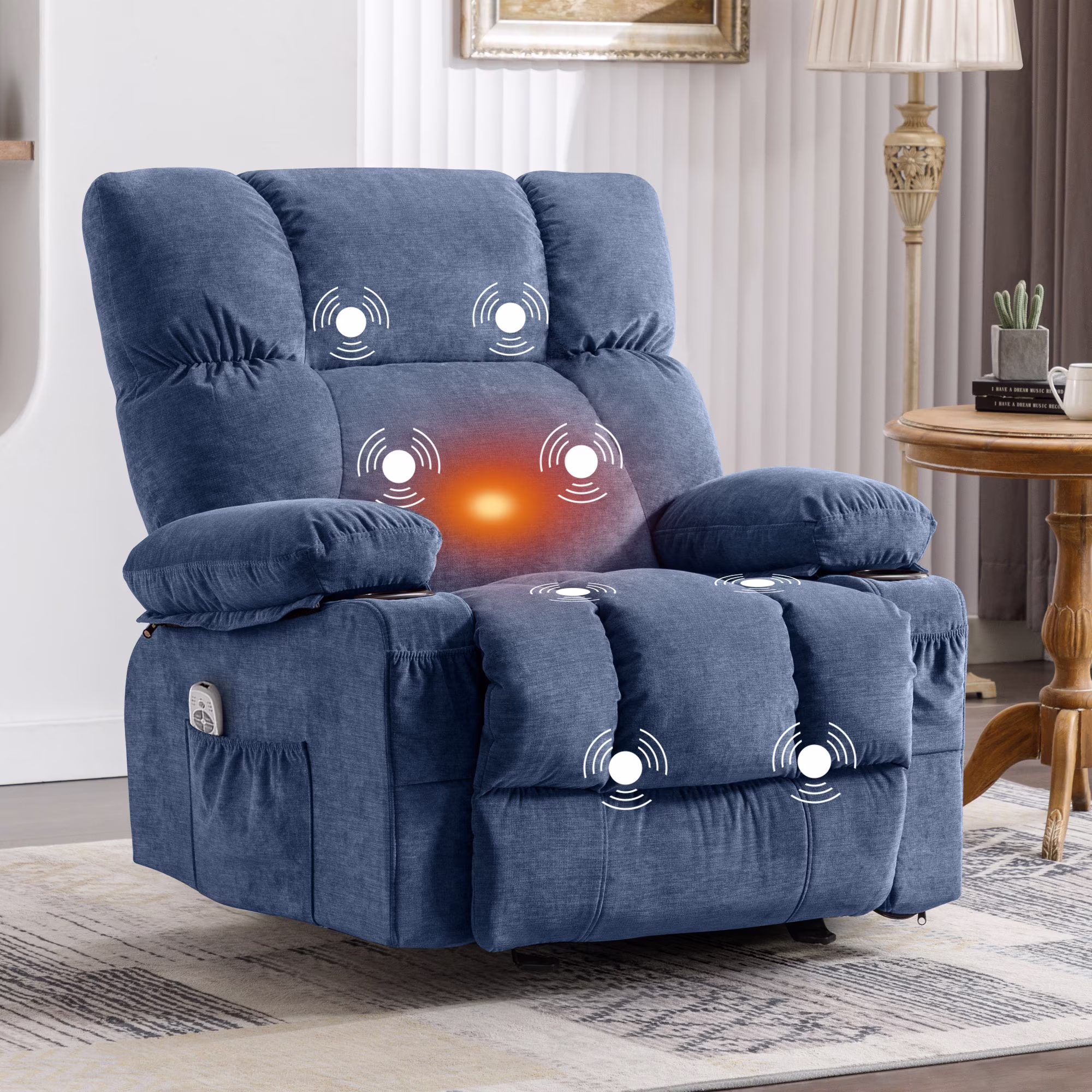JONPONY Manual Recliner Chair with Heat Therapy and Massage Function, Heavy Duty Reclining Mechanism Massage Chair, Elderly Single Rocker Sofa with Cup Holders for Bedroom Home Theater, Grey