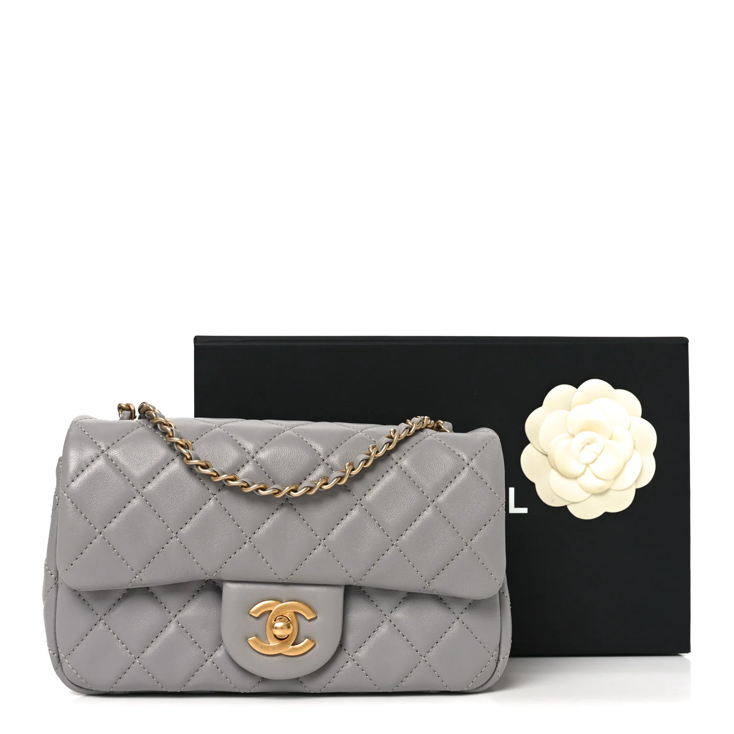 Lambskin Quilted Mini Rectangular Pearl Crush Flap Grey - Top Club