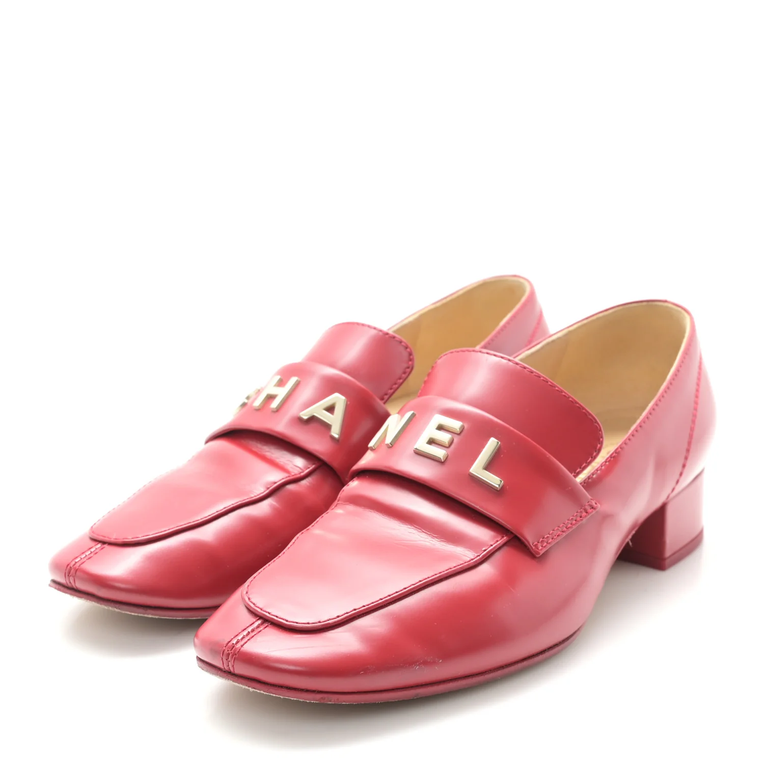 Shiny Calfskin Logo Loafers 36.5 Red - Top Club