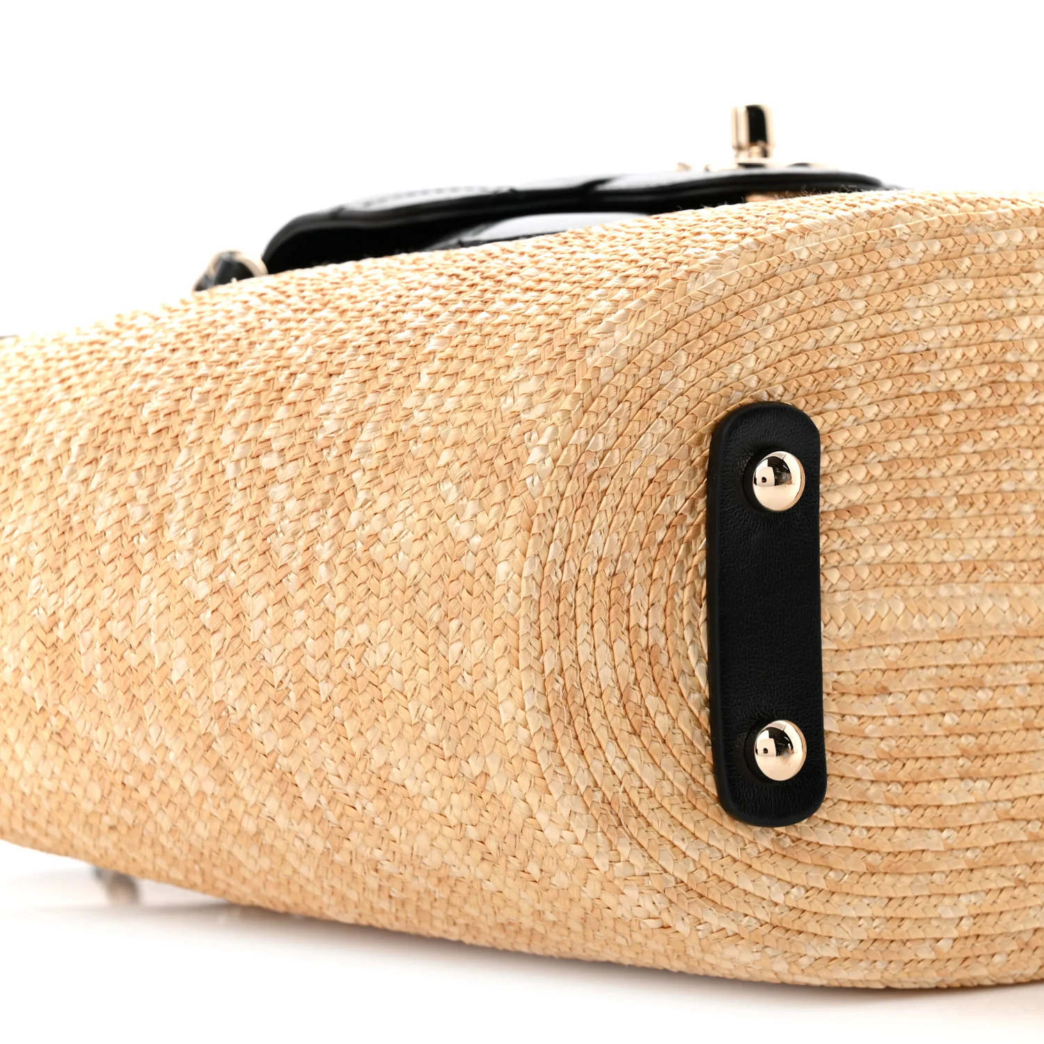 Raffia Braided Lambskin Small Shopping Tote Beige Black - Top Club