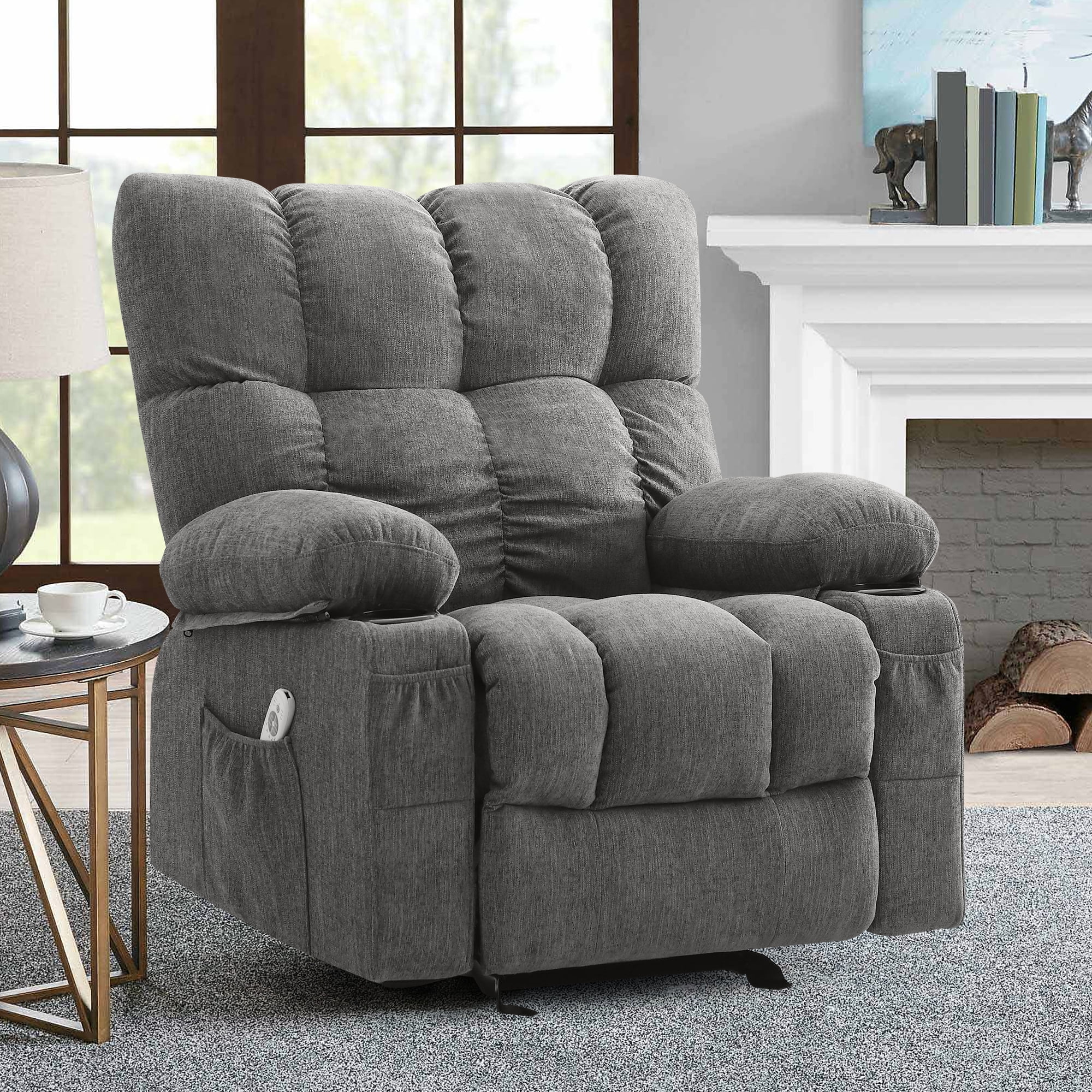 JONPONY Manual Recliner Chair with Heat Therapy and Massage Function, Heavy Duty Reclining Mechanism Massage Chair, Elderly Single Rocker Sofa with Cup Holders for Bedroom Home Theater, Grey