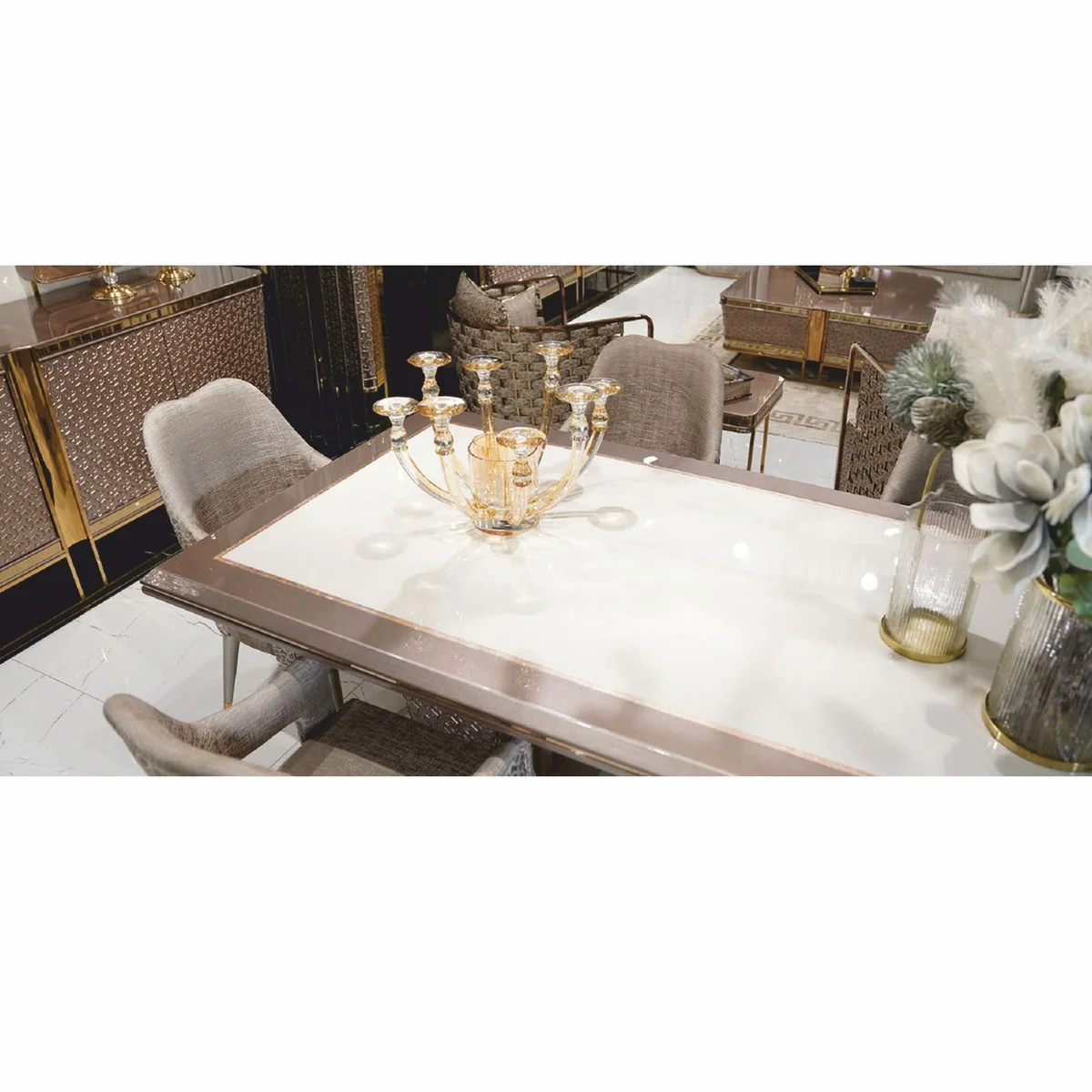 Luxury dining table white / gray / gold 223 cm - dining room furniture