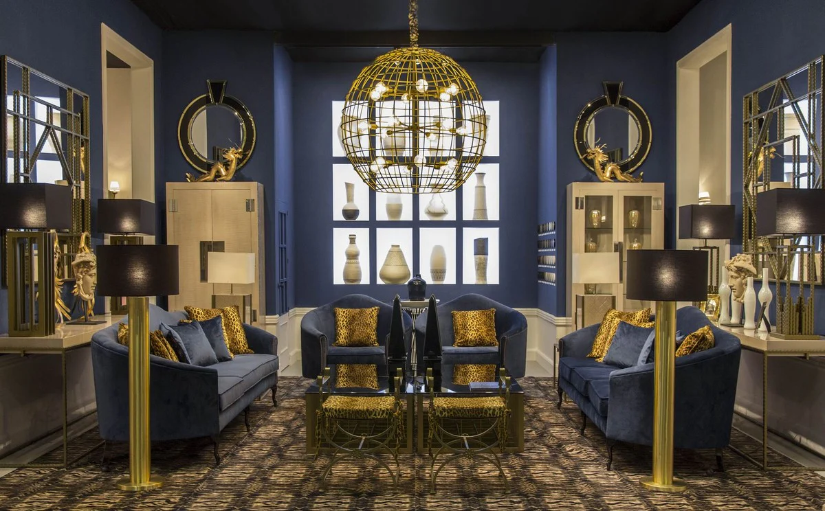 Luxury baroque velvet sofa blue / dark brown 280 x 90 x H. 100 cm - Noble living room sofa with decorative pillows - Baroque living room furniture - Luxury quality