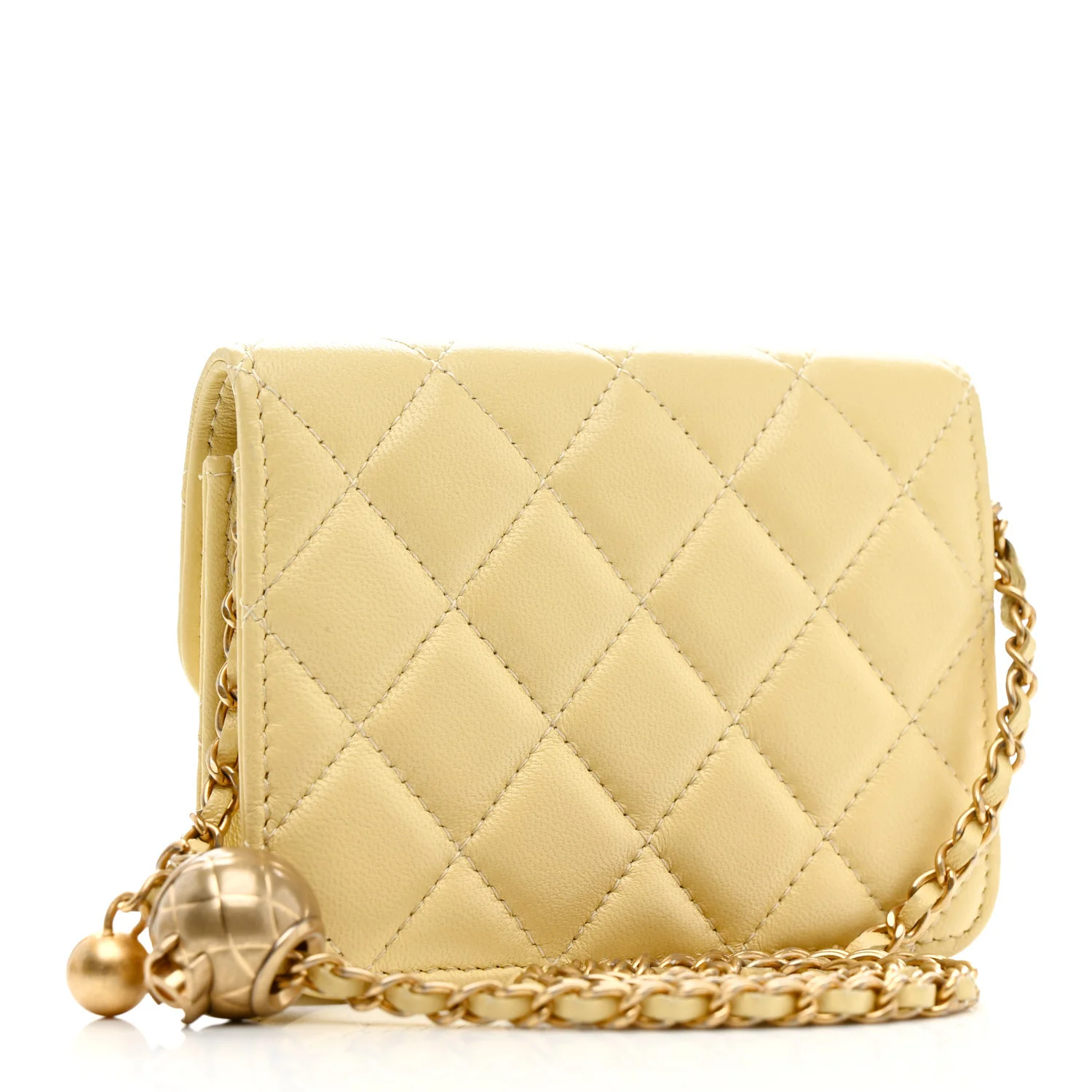 Lambskin Quilted Pearl Crush Clutch With Chain Yellow - Top Club