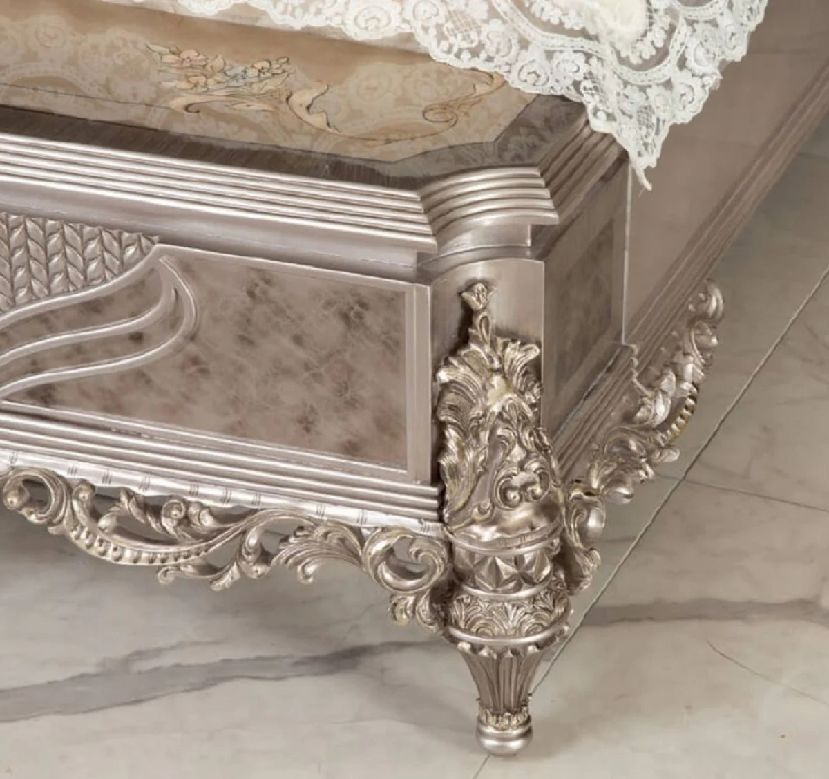 Luxury baroque bedroom set silver - 1 double bed with headboard & 2 bedside tables - bedroom furniture in baroque style - noble and magnificent